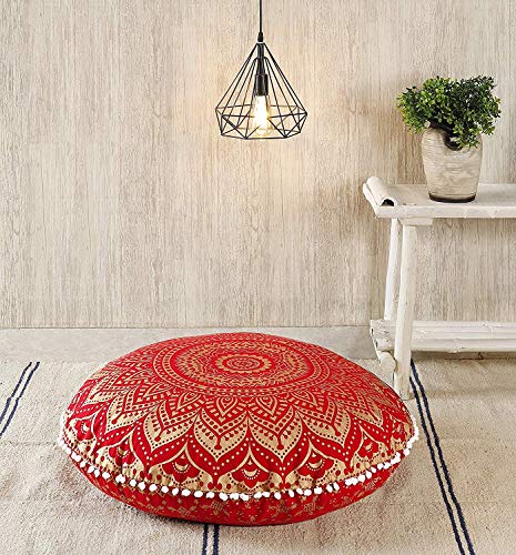 Popular Handicrafts Floor Pillow Cushion Cover - Large Hippie Mandala Ombre Floor Pillow Cover - Pouf Cover Round With Pom Pom Soft Particles, Bohemian Yoga Decor - 32" Red Gold #TOP1