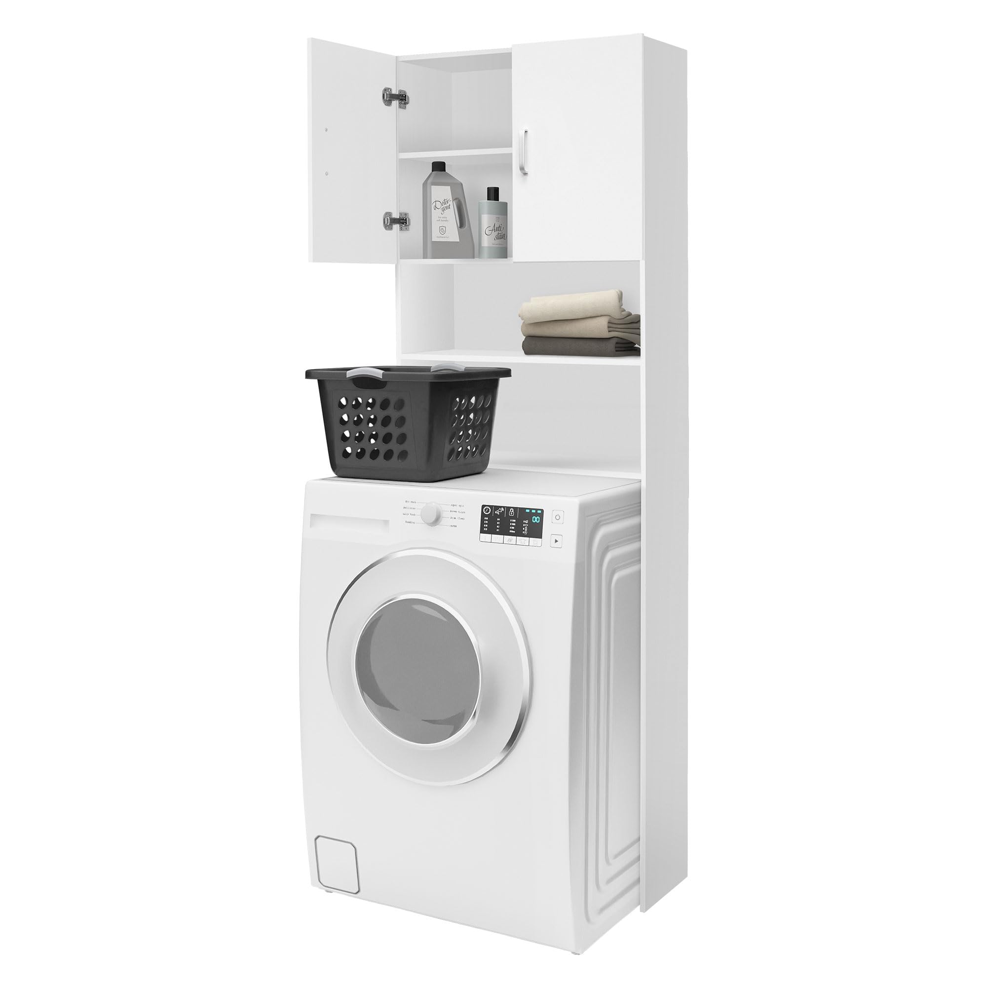 ECD Germany Meuble pour Machine à Laver 63 x 25 x 190 cm Blanc 2 Portes 4 Étagères de Rangement Armoire Haute Salle de Bain Lave-Linge Sèche-Linge Panneaux en Aggloméré Mélamine Design Minimaliste