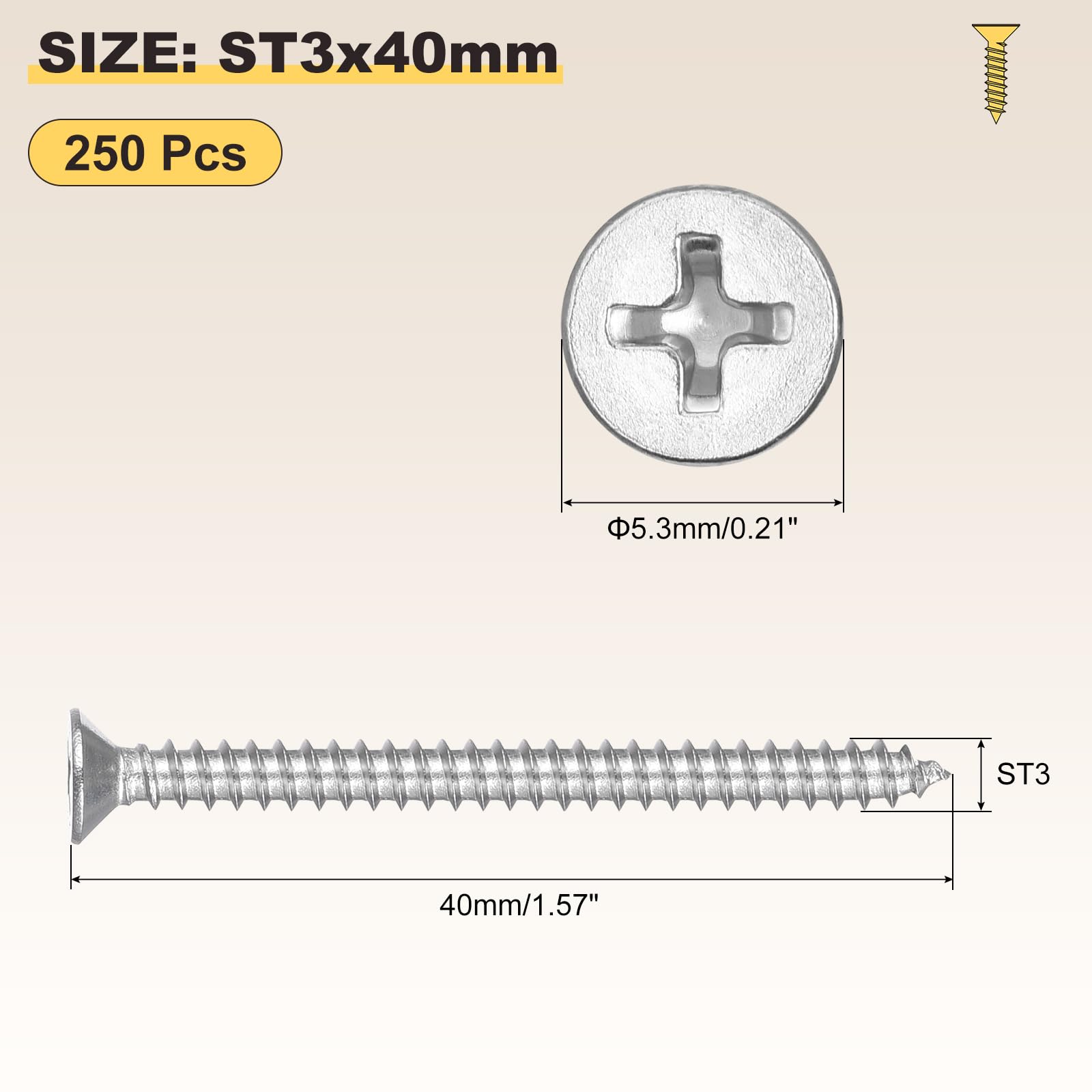 METALLIXITY Countersunk Phillips Wood Screws (ST3x40mm) 250Pcs - Image 2