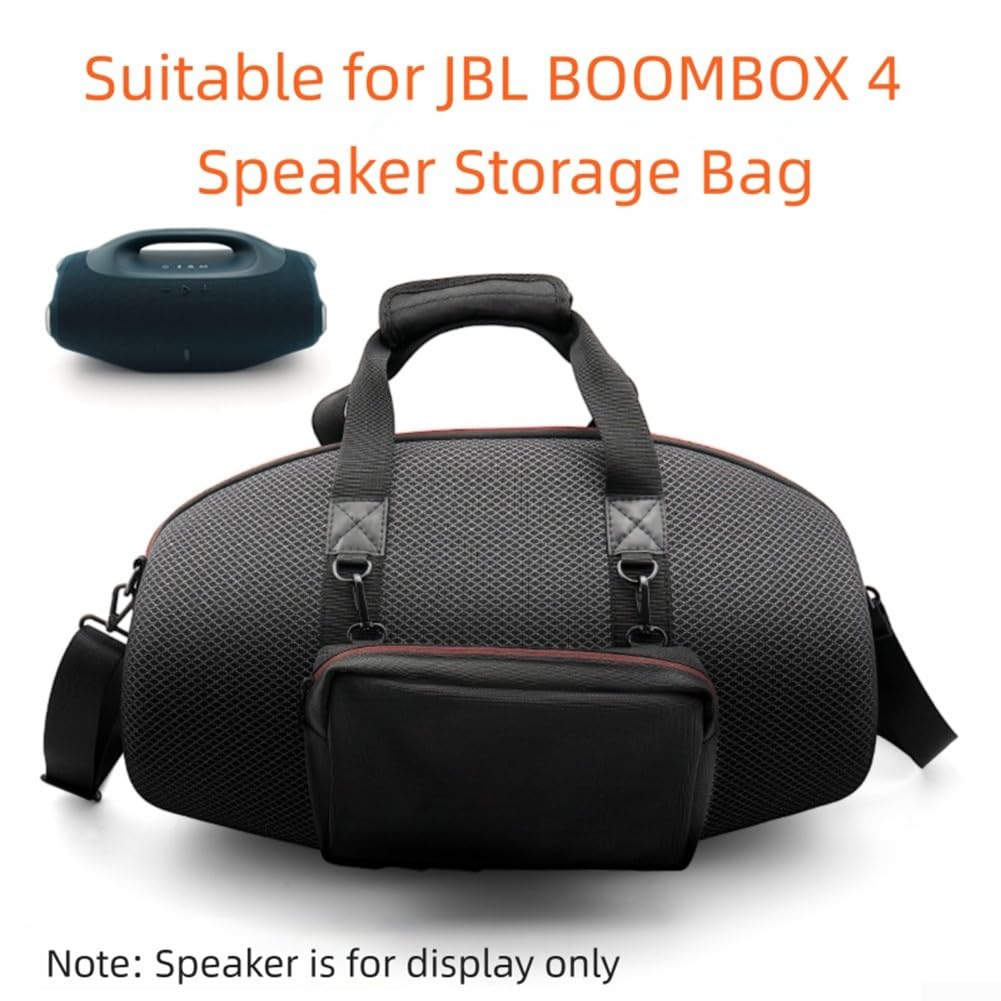 Kompatibel mit Jbl Boombox4 Lautsprecherhülle, Hartschalen-Aufbewahrungstasche mit Seitentasche für Kabel, Mikrofon und Gurt, stoßdämpfendes EVA-Material, Flanellfutter, schwarze Oberfläche für