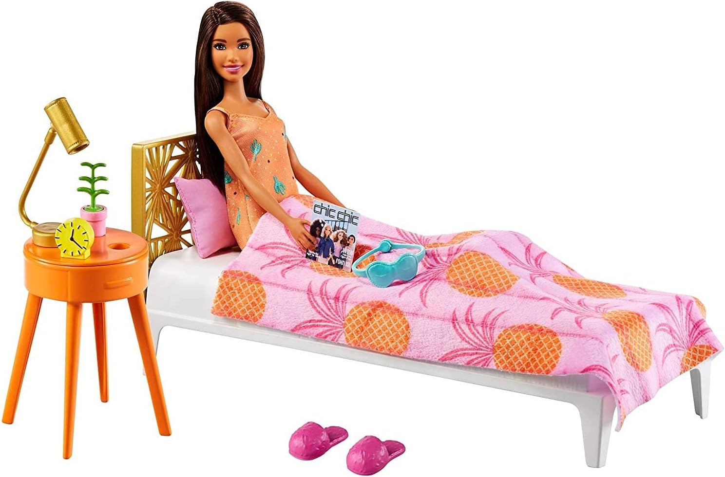 Barbie Doll and Bedroom Playset, Indoor Furniture Playset Doll (11.5-inch Brunette) Wearing Pajamas and Accessories, Gift for 3 to 7 Year Olds
