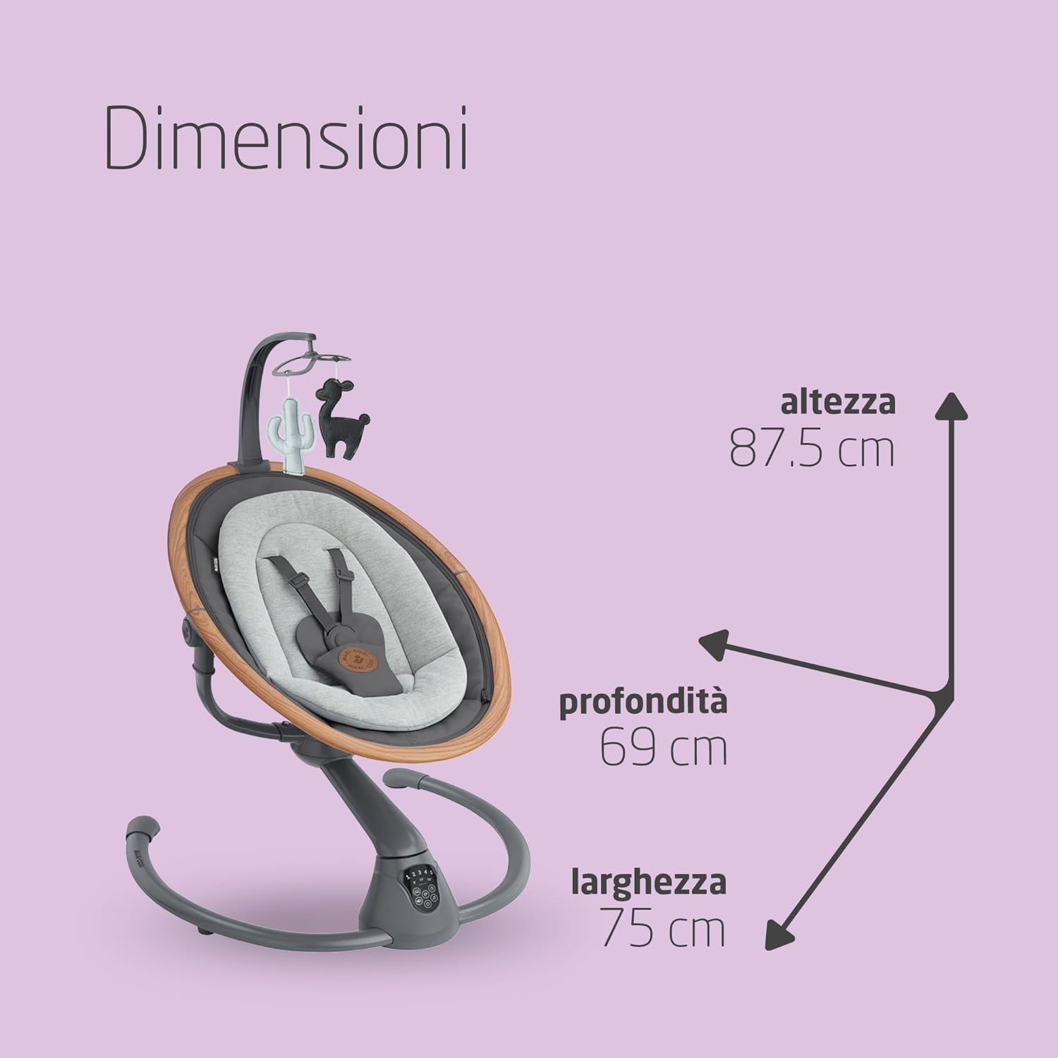 Maxi-Cosi Cassia Sdraietta Neonati Elettrica per Bambini, 0-6 mesi, max 9 kg, Altalena Neonato Girevole 360°, Reclinabile, Rilevamento Automatico Movimento, 5 Velocità, 12 Melodie, Essential Graphite