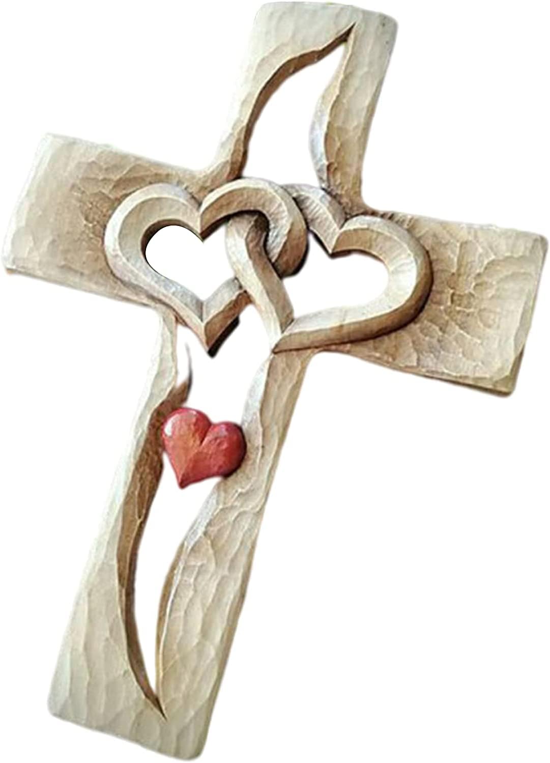 YunQinCarved Wooden Cross-Intertwined Hearts,Wall Hanging Hand Antique Design,Two Hearts Joined, Home Living Room Decor,Wall Art Gift for Friends Family (Red heart XXL)