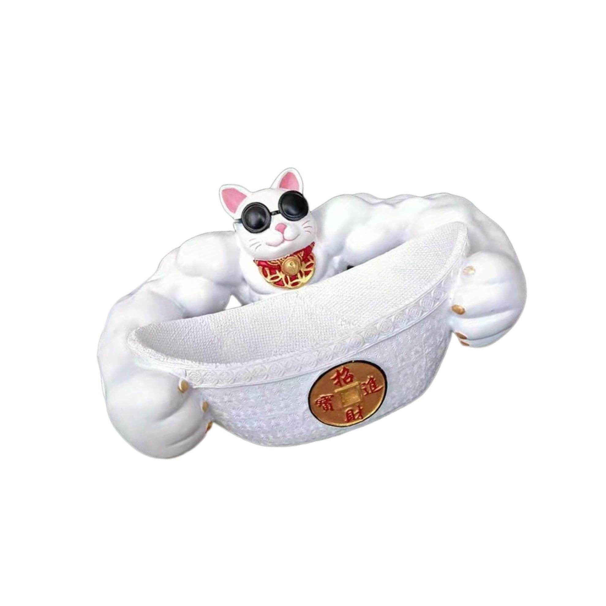 Zambuph Prosperity Cat Lucky Figurine Ceramic Treasure Bowl Storage Box Home Decorative, White