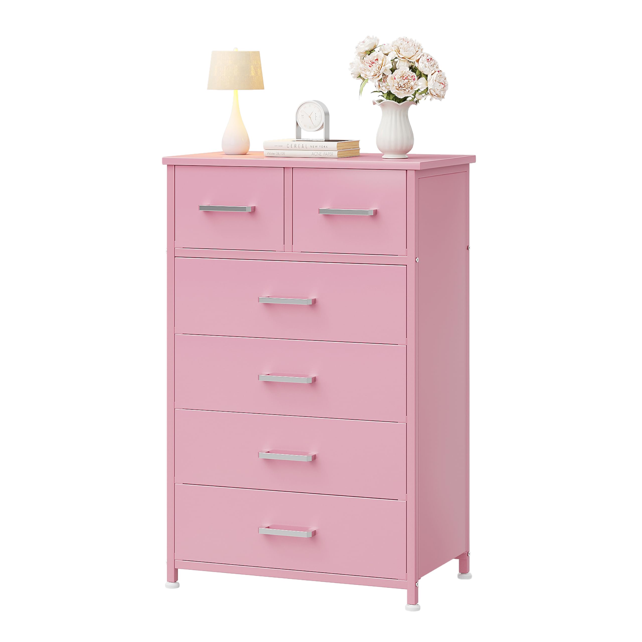 Flrrtenv Wooden Chest of Drawers 60cm Wide, 6 Drawer Tall Dresser for Bedroom Clothing Storage, Entryway Storage Cabinet for Hallway, Living Room Organiser with Anti-Tip Design, Pink Wood