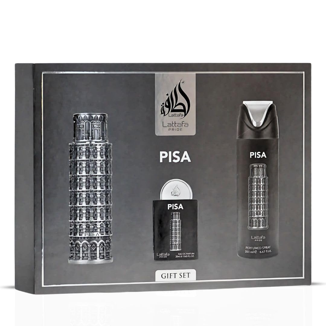 Lattafa Pride Pisa 3-Piece Gift Sets – Long Lasting Arabian Perfume For Men – Eau De Parfum & Perfumed Spray – Mediterranean Inspired Perfume Men With