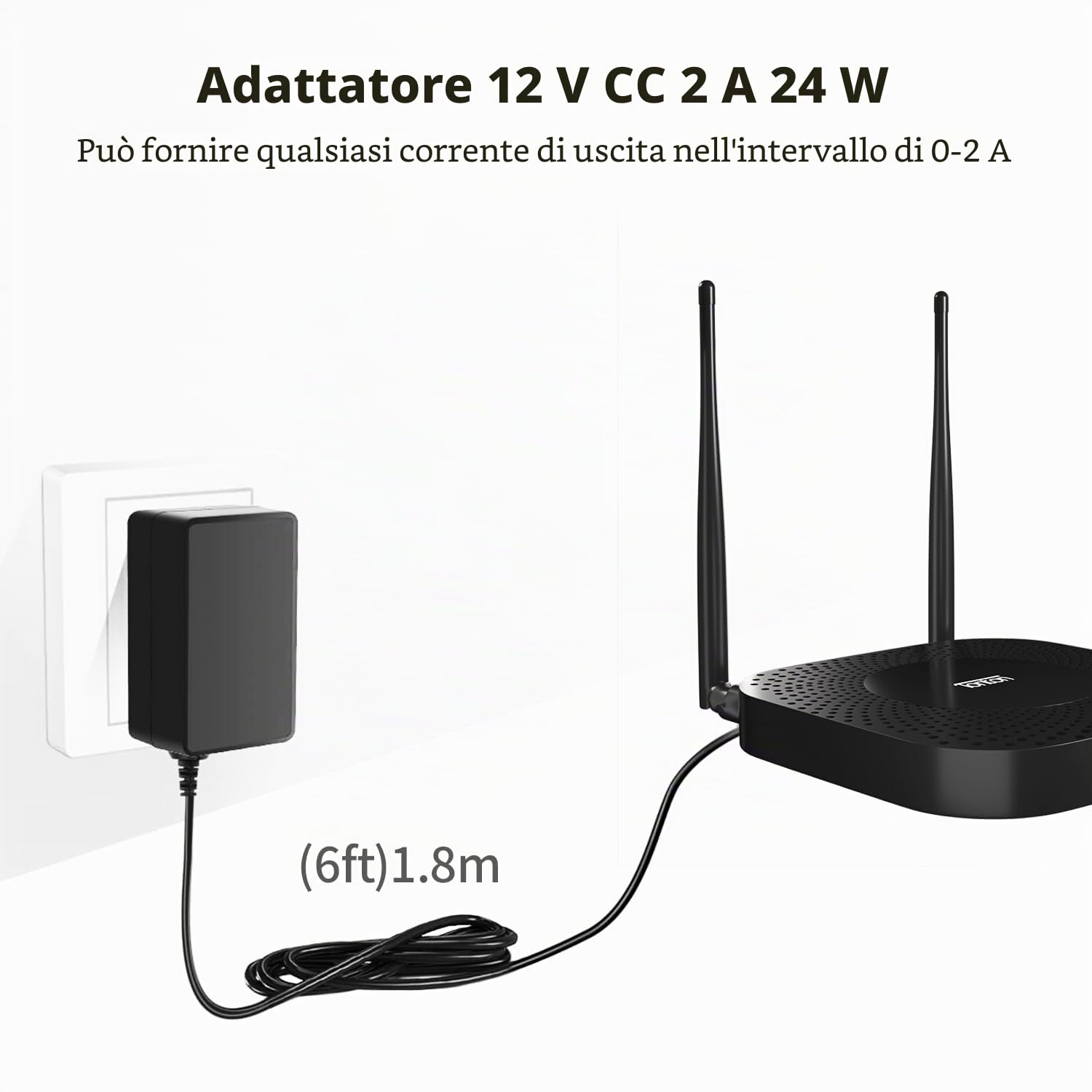 Lonnky Adattatore 12V 2A con Cavo da 1,8 M, AC 100-240V a DC 12V, Connettore Universale 2,1 mm x 5,5 mm per LCD, Router e Telecamere di Sorveglianza