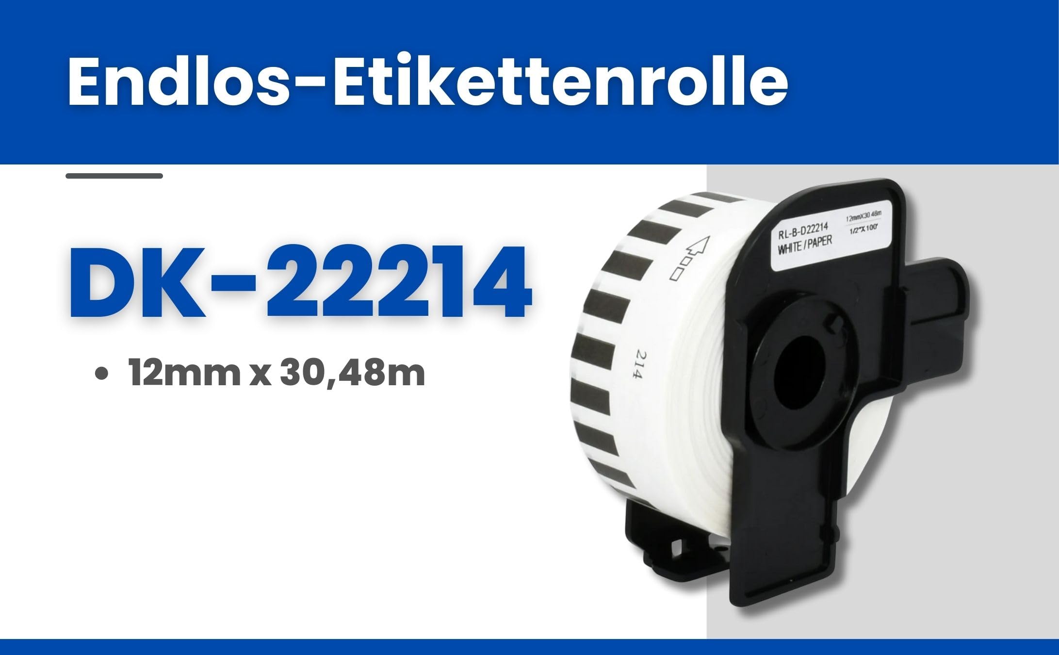12 Rollen DK-22214 Endlos-Etiketten (12mm x 30,48m pro Rolle) Schwarz auf Weiß, Kompatibel mit Brother QL-Druckern, Thermopapier für klare Adress-Labels, Adressetiketten, Bilder und Barcodes