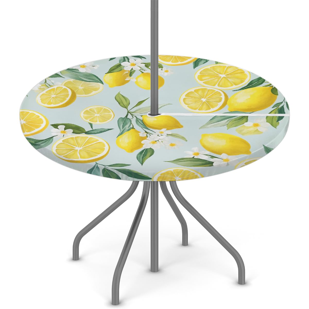 Round Garden Table Cloth With Parasol Hole, Lemon Flowers Outdoor Circular Fitted Tablecloth With Umbrella Hole Waterproof Elastic Edged Table Cover for Party Picnic, Fit for 45"-56" Round Tables