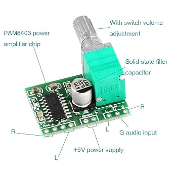 Hailege 5pcs PAM8403 Stereo Amplifiers 3W+3W DC 5V Mini Audio Amplifier Handy Digital Power Amp Module Board Dual-Channel with Potentiometer for DIY Portable