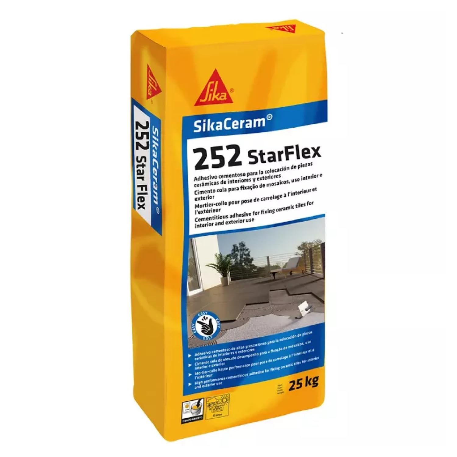 SIKA - Adhesivo cementoso de consistencia variable de altas prestaciones - SikaCeram-252 StarFlex - Gris - Deformable - Para la colocación de piezas cerámicas de tamaño medio a gran formato - 25kg
