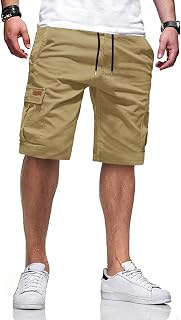 TARAINYA Cargo Shorts Men's Cotton Bermuda Summer Chino Shorts Trousers Men's Drawstring Elastic Waist with 6 Pockets L C Light Khaki