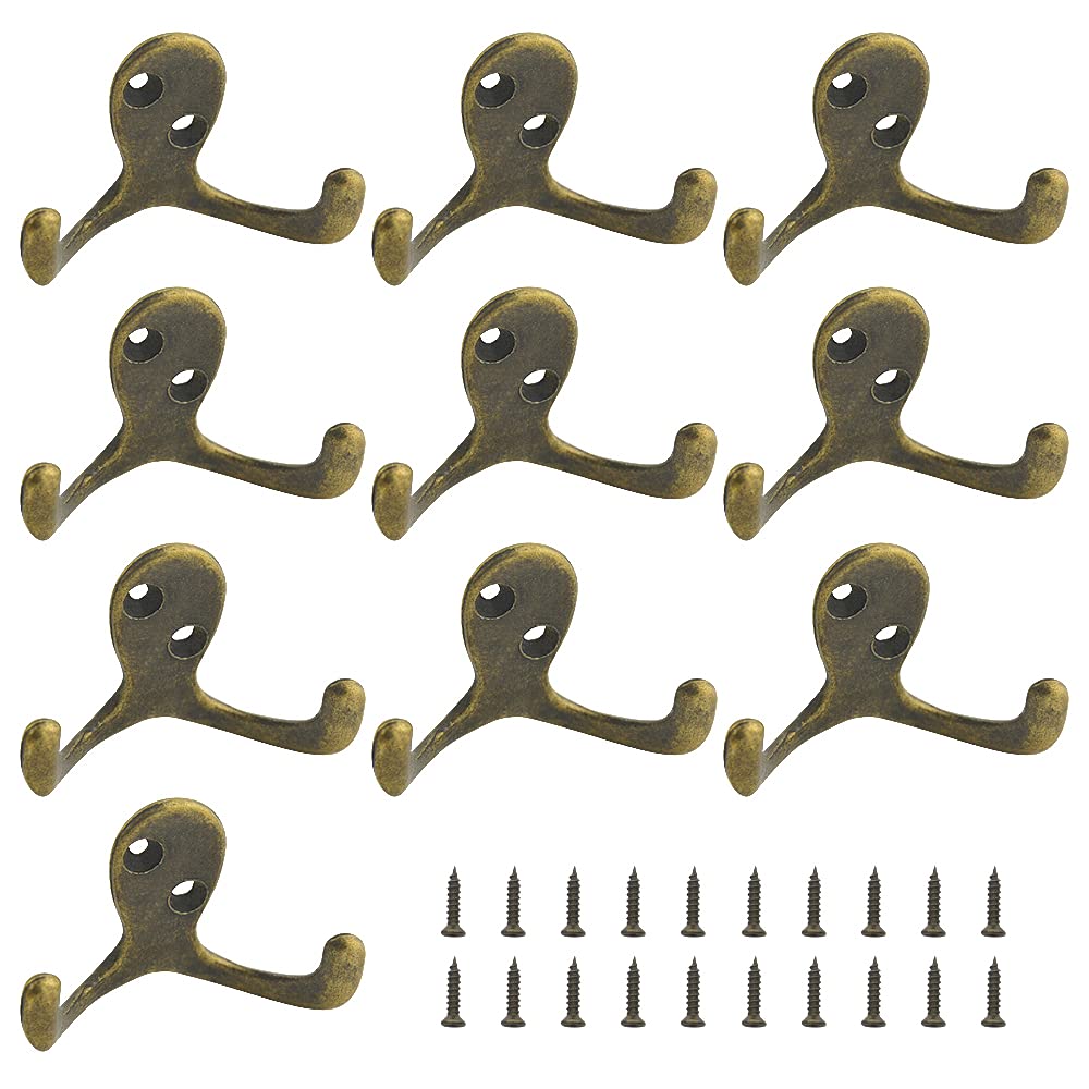 WMYCONGCONG 10Pcs Heavy Duty Double Prong Coat Hooks Wall Mounted with 20 Screws Robe Hooks Coat Hanger Rustic Utility Hooks Hardware Vintage for Cloth, Scarf, Bag, Towel, Key, Hat, Cap (Bronze)