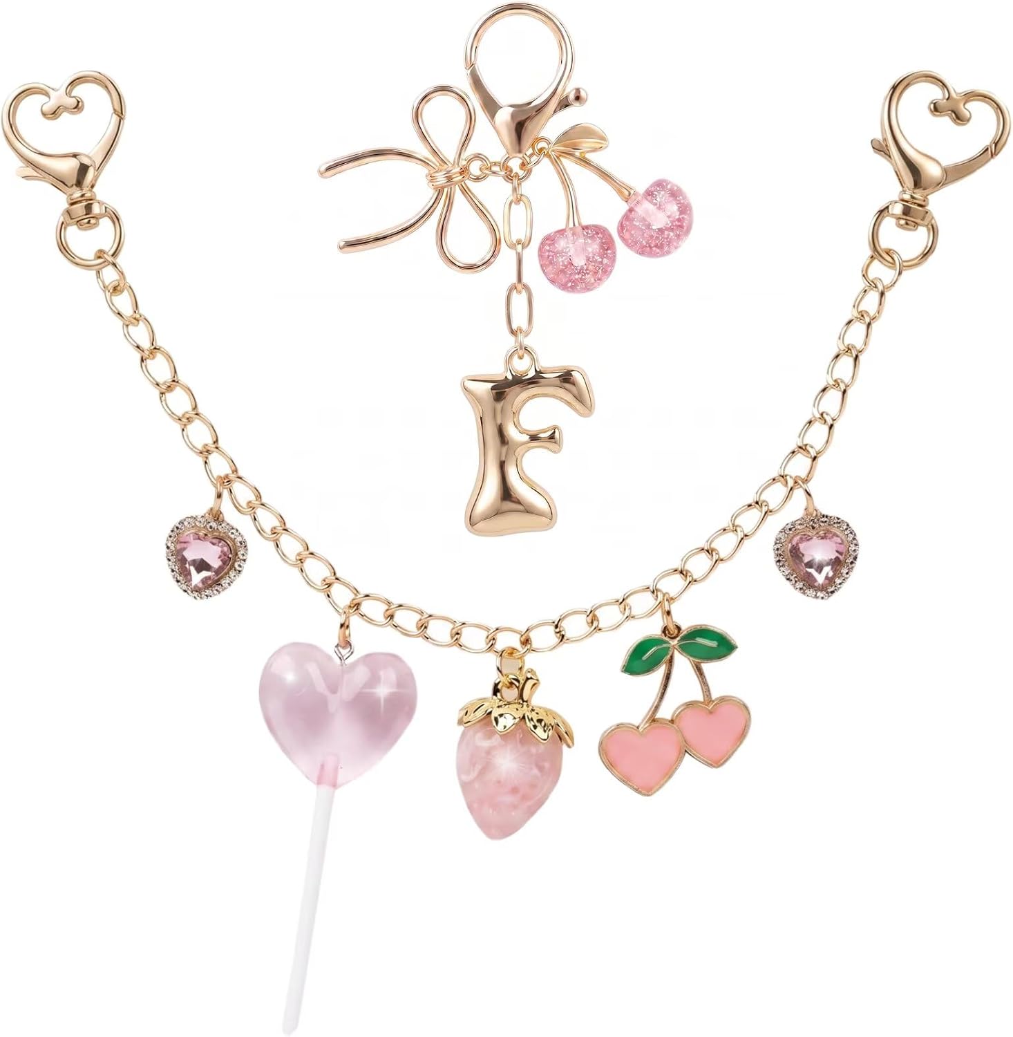XZYLY 2 Pack Bag Charm,Bag Chain Purse Charms Strawberry,Bubble Initial Keychain with Cherry,Pink Cute Handbag Accessories