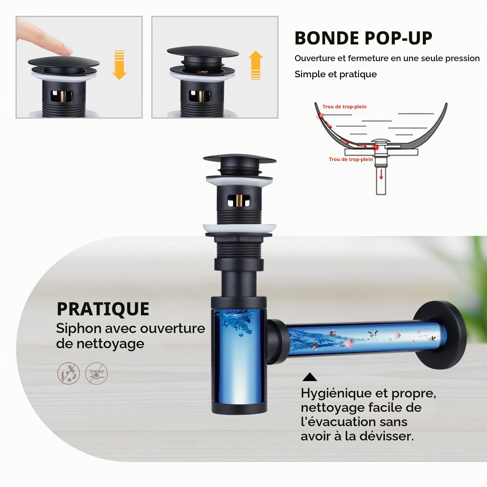 Siphon avec vidage, siphon noir pour lavabos et avec trop-plein, siphon bouteille 1 1/4 x 32 mm, réglable en hauteur