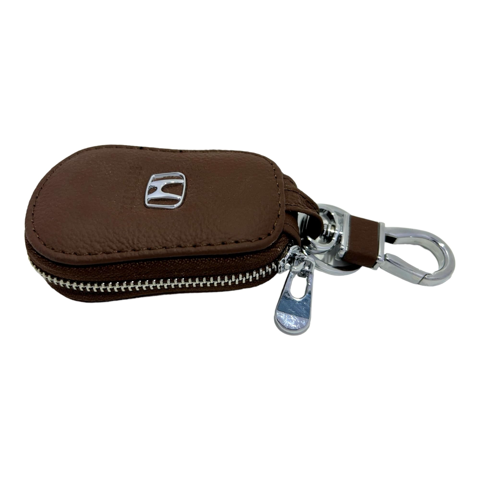 AUTODIFY Genuine Leather Car Remote Key Case in Brown Color & Smart Protection Wallet Cover Zipper Bag with Keychain and Key Ring & Key Fog Holder for Honda Cars, Universal Remote, Home Lock Keys