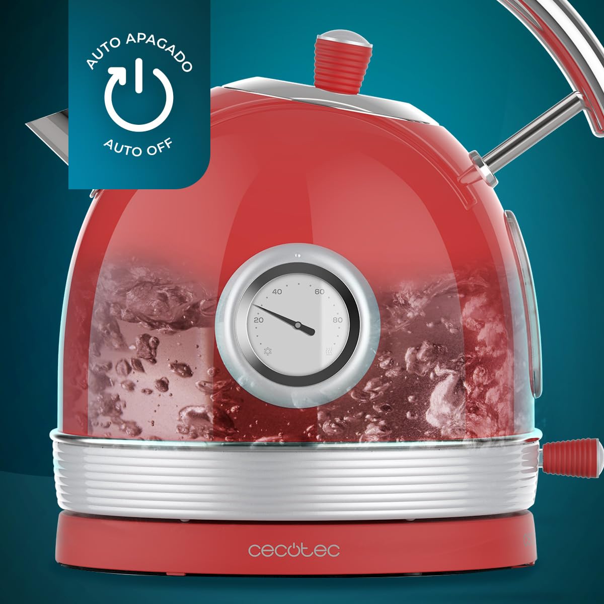 Cecotec Bollitore elettrico da 1,8 litri Thermosense 420 Vintage Light Red. 2200 W, 8 tazze da tè di capacità, misuratore di temperatura, stile vintage, base girevole a 360°, acciaio inox rosso