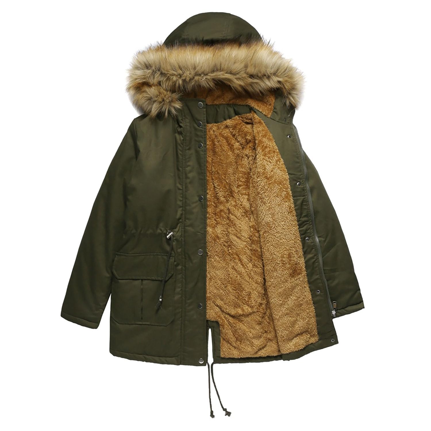 Frauen Winterjacke Kunstpelz Kapuze Baumwolle Gepolstert Mantel Damen Parka Oberbekleidung Zip Up Plus Size Solid Outdoor Sportbekleidung,Green,4XL(Chest:141cm)