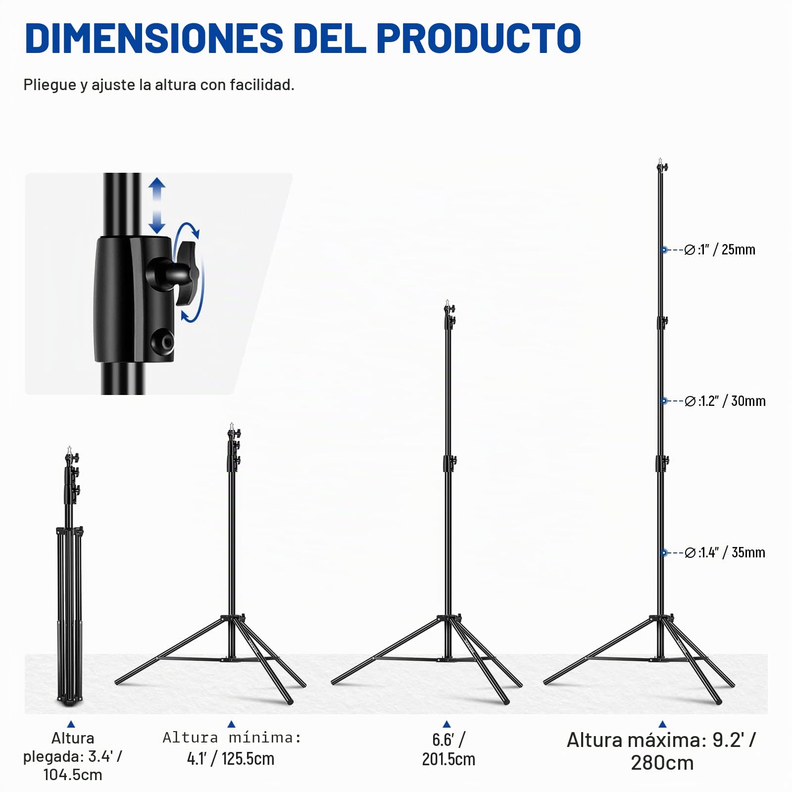 NEEWER Soporte de Luz con Amortiguación de Aire de 2,8m,Trípode Metálico Resistente con Espita Reversible de 1/4" a 3/8",3 Vías Interfaz de Montaje y Perillas de Bloqueo,Carga Máx.de 2,5kg,ST-280AC