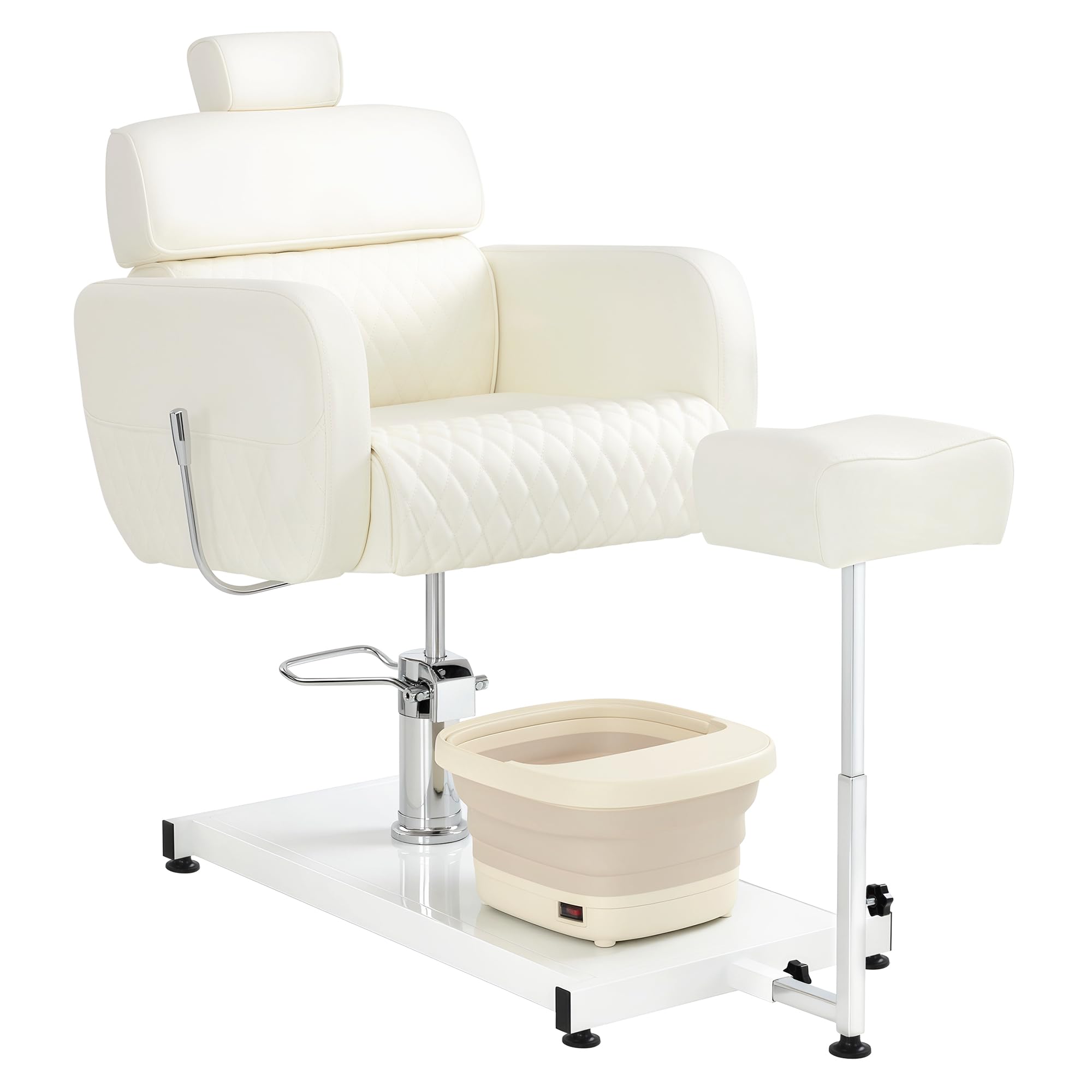 Barberpub Pediküre Stuhl mit Fußbadewanne & Pediküre Hocker, Friseurstuhl Höhenverstellbar & Kippbar, Rückenlehne & Kopfstütze Ausziehbar, Fußpflegestuhl für Nagelstudio F0380 (Weiß)