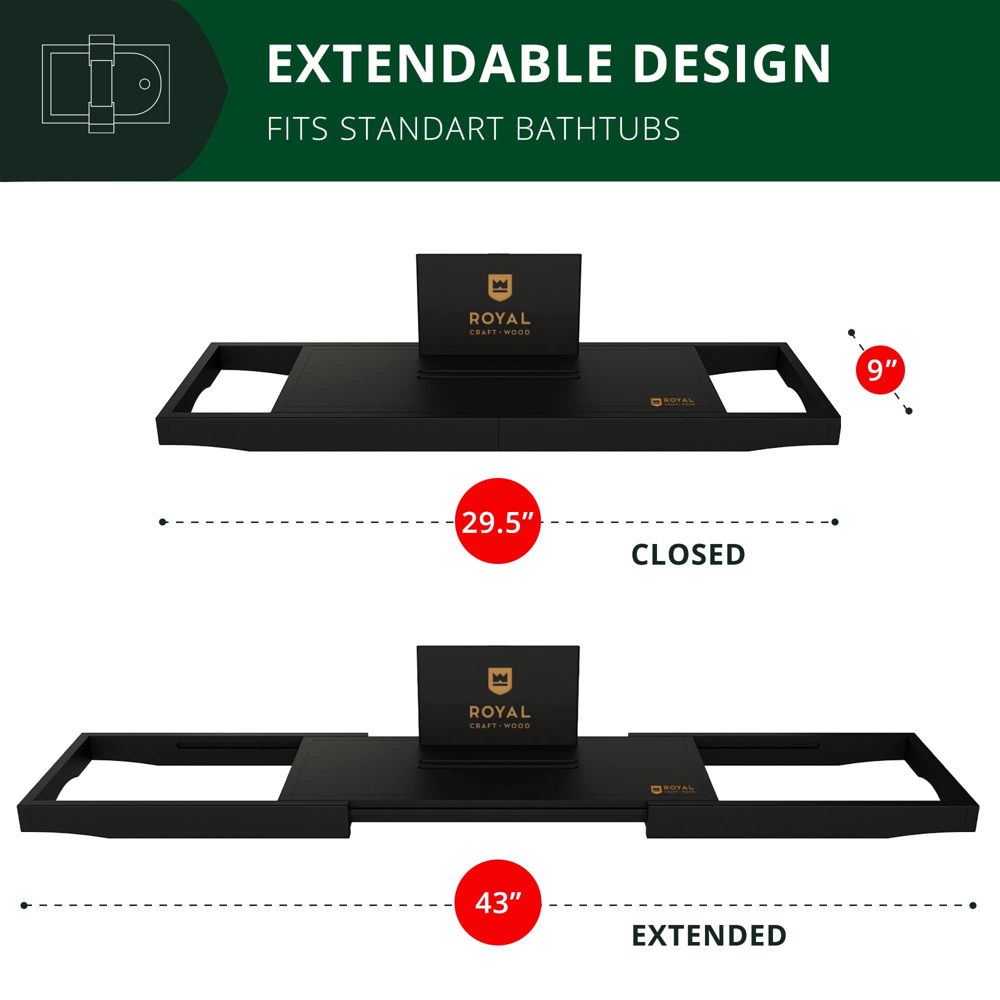 ROYAL CRAFT WOOD Luxury Bathtub Tray Caddy Bamboo Adjustable Bath Tub