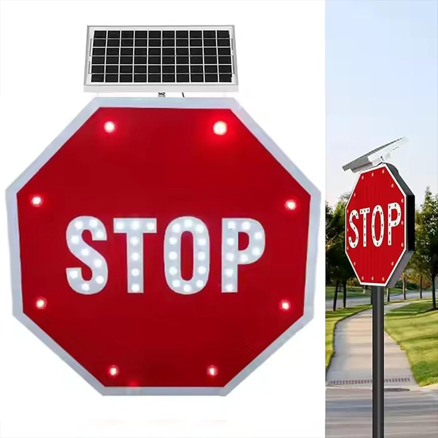 Solar Stop Sign - 24" Octagon Metal Traffic Control Sign, UV Protected & Waterproof, Street Safety Warning Sign with Installation Kit - Durable & Weather Resistant