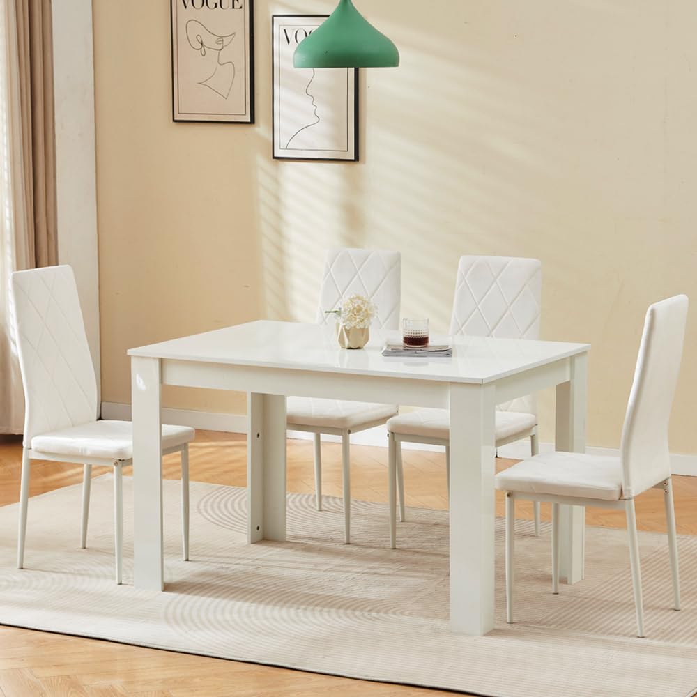 Homullel 5 Piece Dining Room Table and Chairs Set for Dining Room, Modern 120cm White High Gloss Dining Table with 4 White Velvet Chairs for Family Dinner Set Space Saving — image 1
