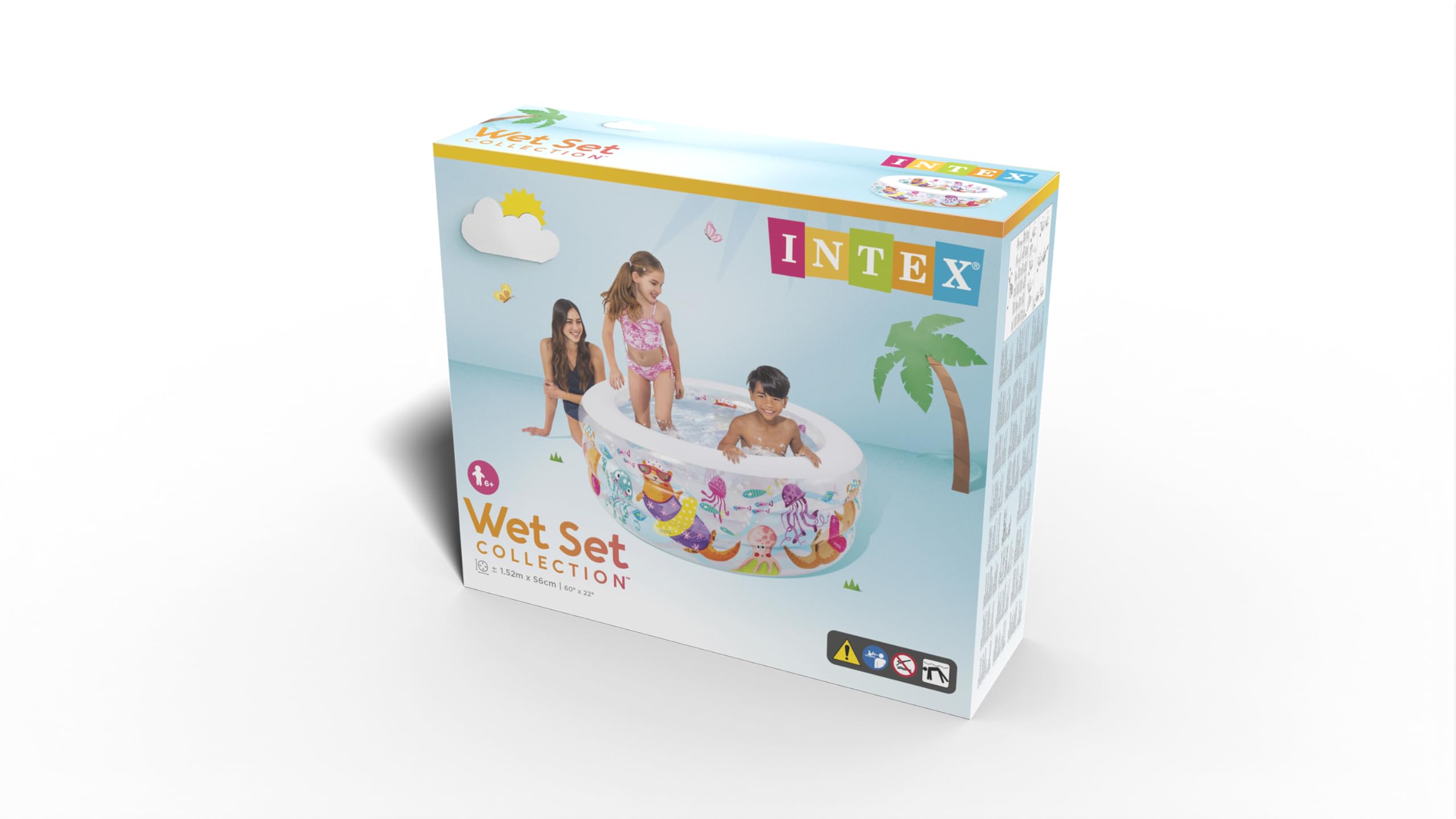Intex Piscina Hinchable Redonda Infantil, Ø 152x56 cm, 360 litros, Suelo Hinchable, Diseño Animales Marinos, Tapón de desagüe, Juegos para niños, Vinilo Resistente, Parche Incluido, +6 años (58480)