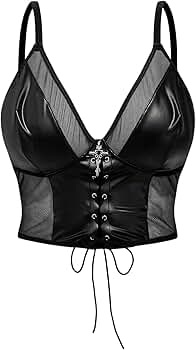 SHENHE Women's Plus Size PU Leather Lace Up Sheer Mesh