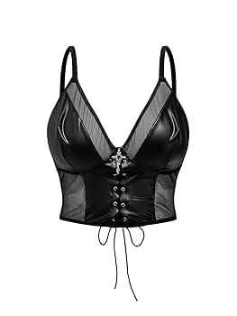 SHENHE Women's Plus Size PU Leather Lace Up Sheer Mesh