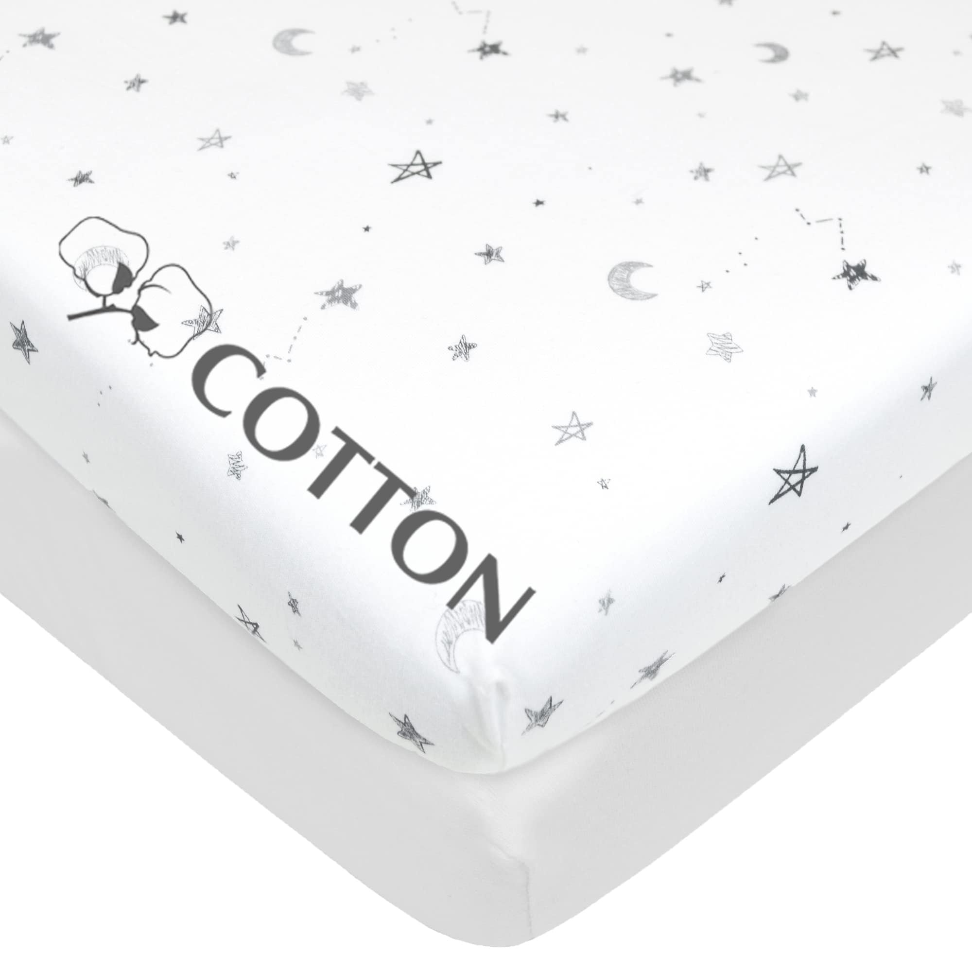 American Baby Company Lot de 2 draps-housses en jersey 100 % coton naturel imprimé pour berceau, étoiles grises et blanches, doux et respirants, pour garçons et filles