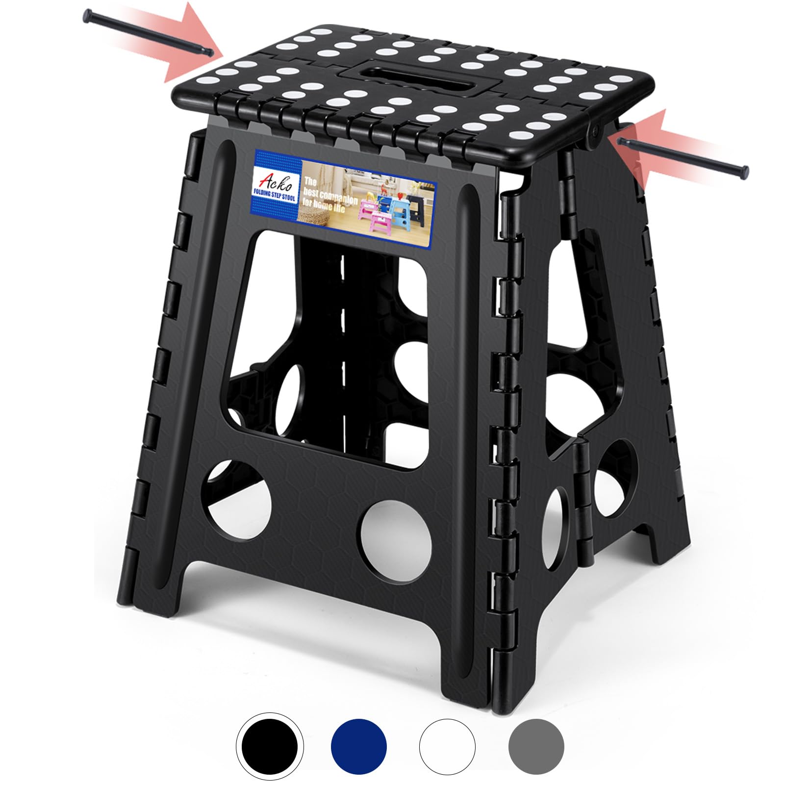 ACKO Folding Step Stool Foldable 16 Inch 400 lbs Capacity, Plastic Stools for Adults and Kids, Collapsible Stools for Kitchen, Stepping Stool with Handle, Black, 1 PC Black 16 Inch