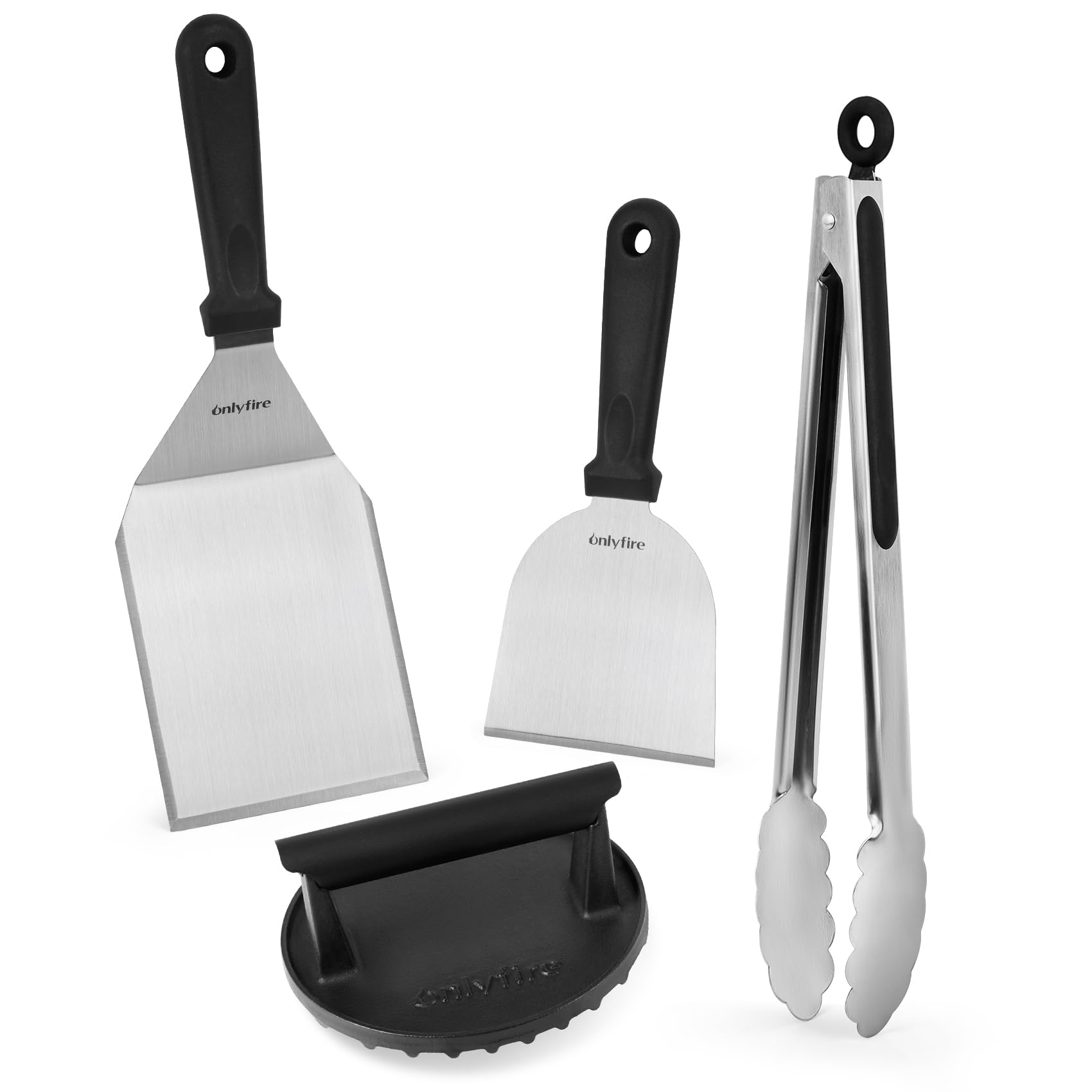 onlyfire Set di Spatola 4pcs Kit Utensili Barbecue per Teppanyaki, Smash Burger Pressa per Hamburger in Ghisa, Spatola per Piastra, Raschietto per Barbecue e Pinze da Cucina, Kit Utensili Barbecue