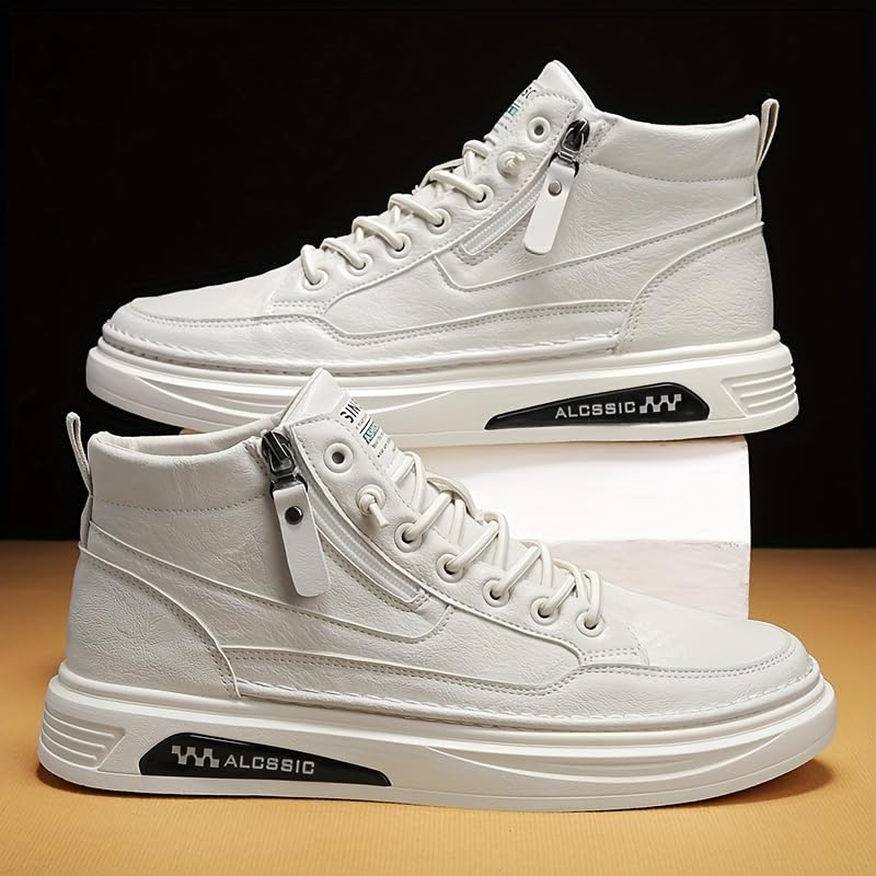 Trendy Faux Leather Men's High Top Skate Shoes with Elastic Shoelace and Zipper, Non Slip Comfy Casual Shoes for All Seasons Outdoor Traveling Street Walking4