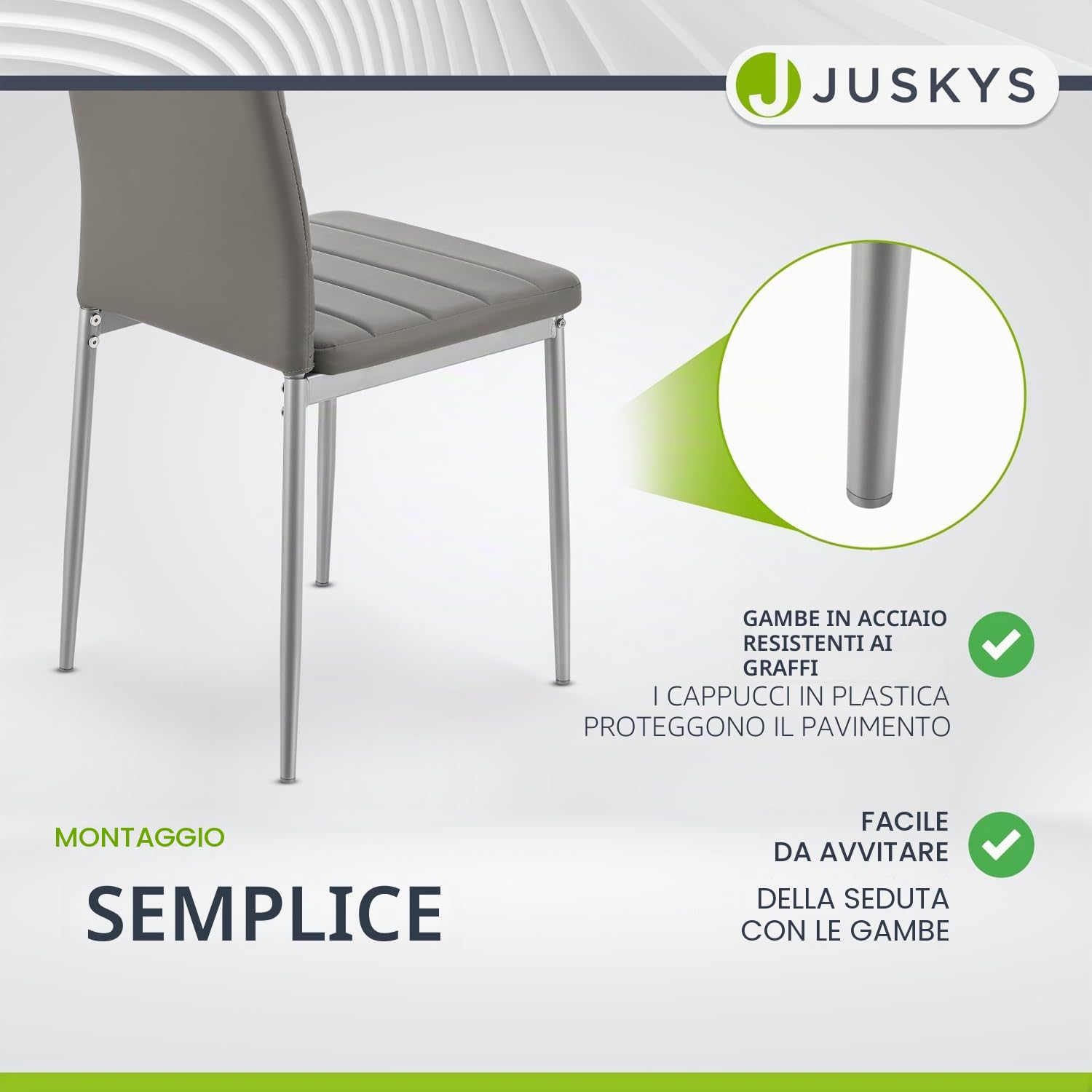 Juskys Set da 4 sedie da pranzo Loja con rivestimento in ecopelle e schienale alto - struttura in acciaio stabile, supporta fino a 120 kg - sedie da cucina e sala da pranzo grigie