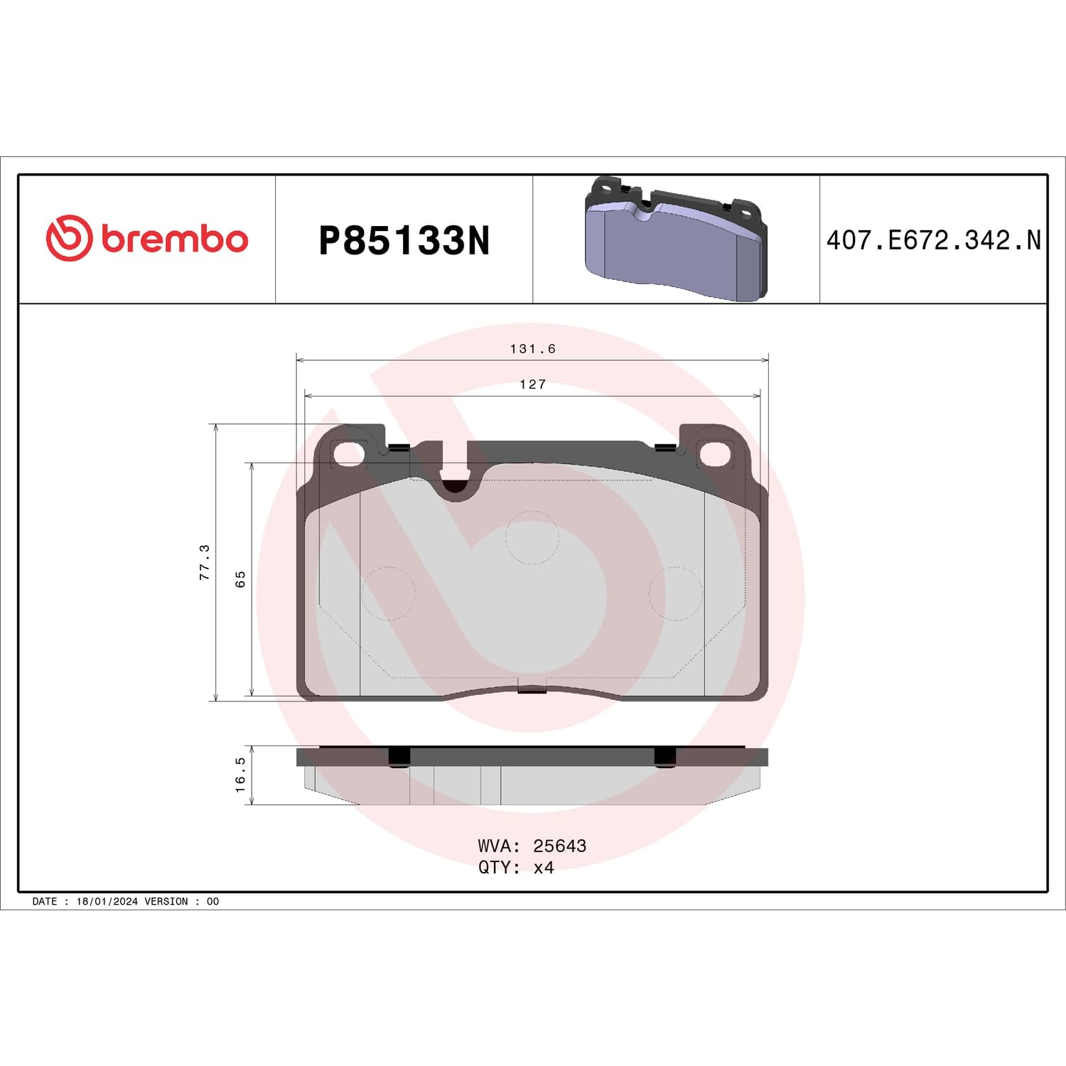 Brembo P85133N Premium Ceramic Front Disc Brake Pad Set AUDI OE# 8R0698151AB product thumbnail 6
