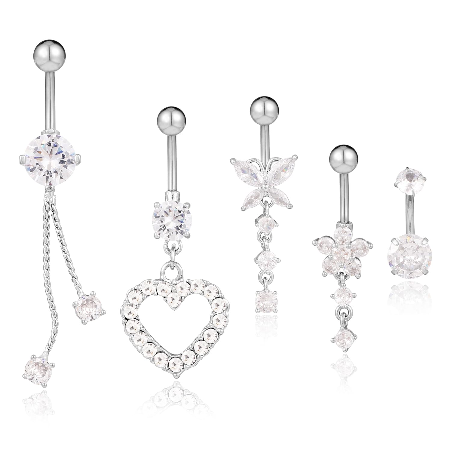 PEUTIER5pcs Belly Button Rings, Surgical Stainless Steel Dangle Belly Rings Heart Flower Butterfly Diamond Belly Button Ring Bars Belly Piercing Jewelry Navel Rings for Women Girls (Silver)