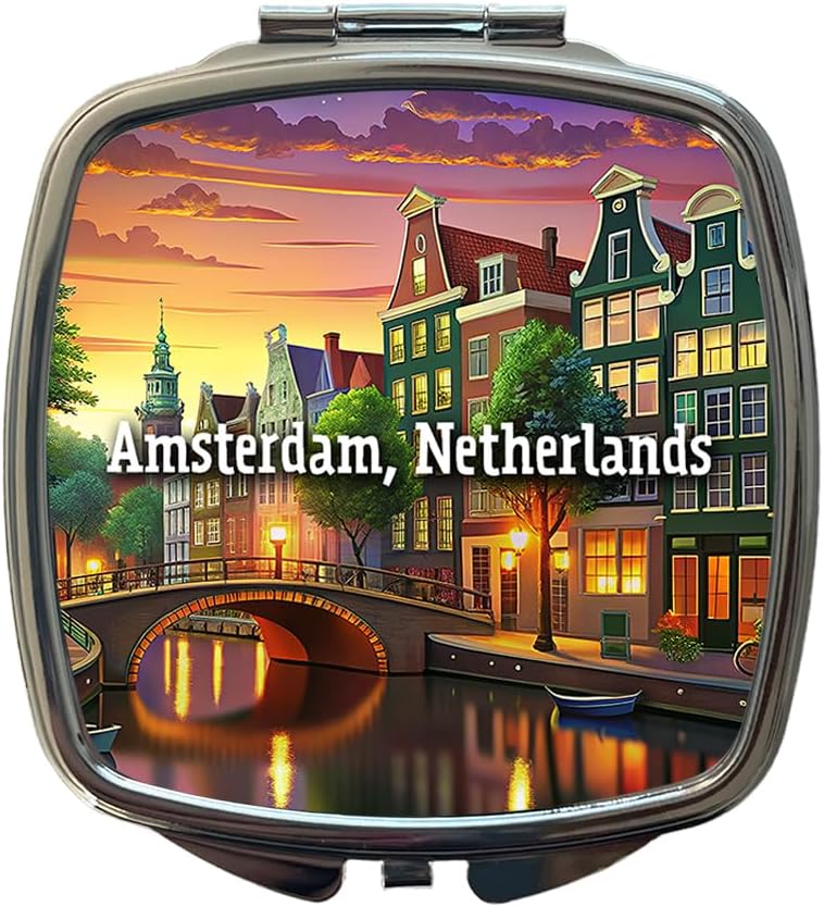 Amsterdam, Netherlands Travel City Country Stamp Small Travel Purse Handbag Pocket Makeup Compact Mirror