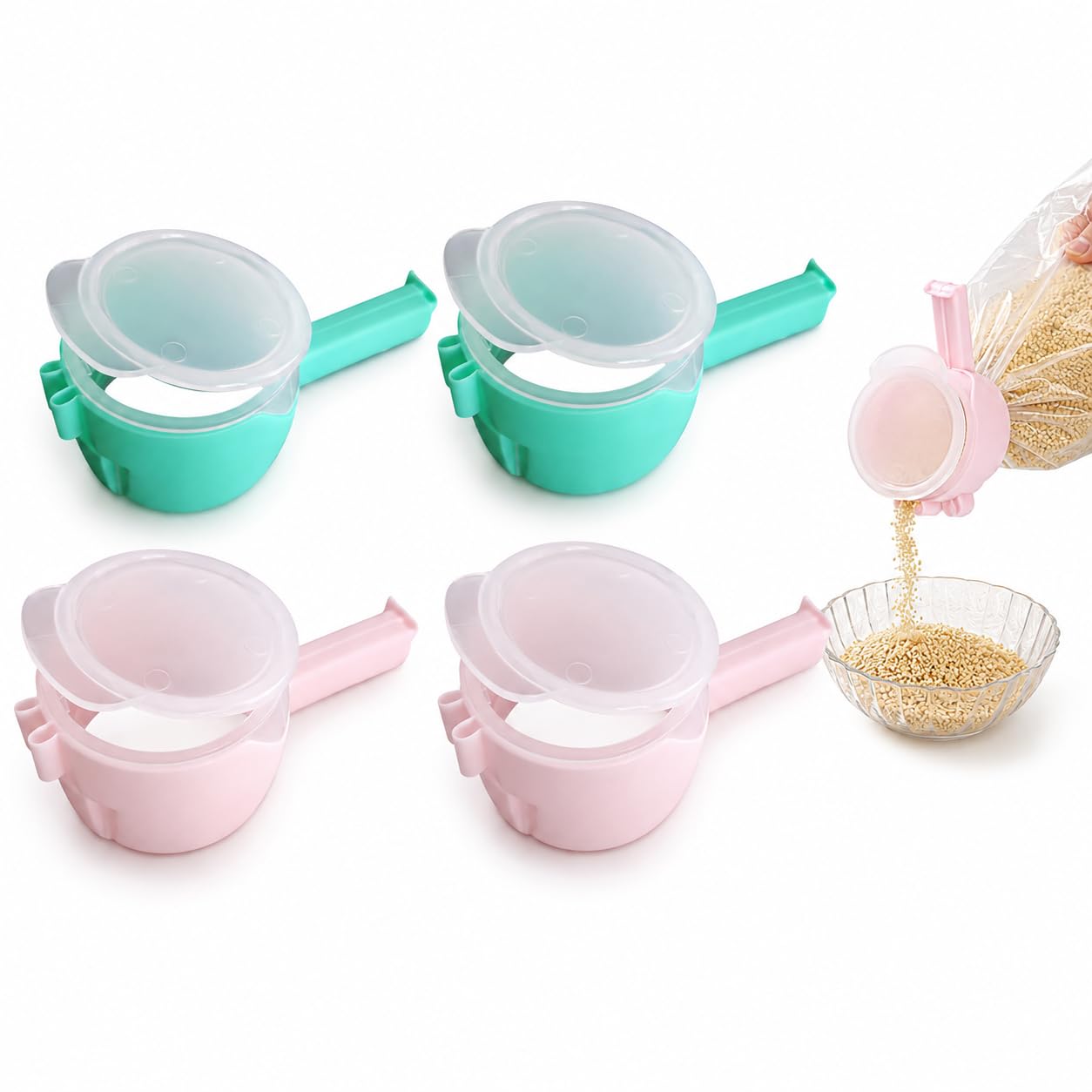 4 Pcs Green and Pink Bag Clips with Pour Spout, Food Storage Clips for Sealing and Easy Tilting and Pouring Kitchen Storage and Organization Accessories