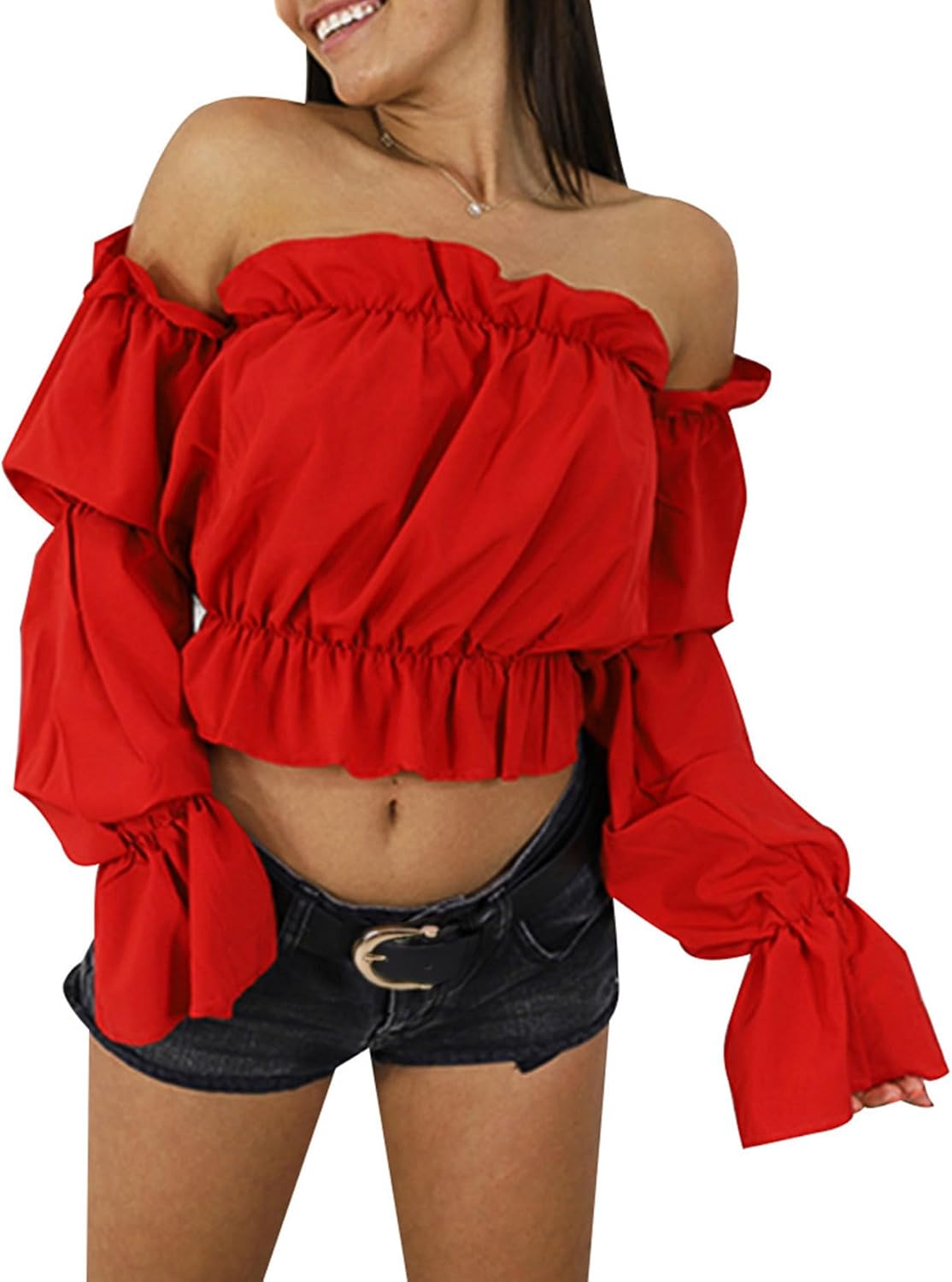 LYANER Women's Off Shoulder Ruffle Trim Puff Long Sleeve Tube Crop Blouse Shirt Top - Image 5