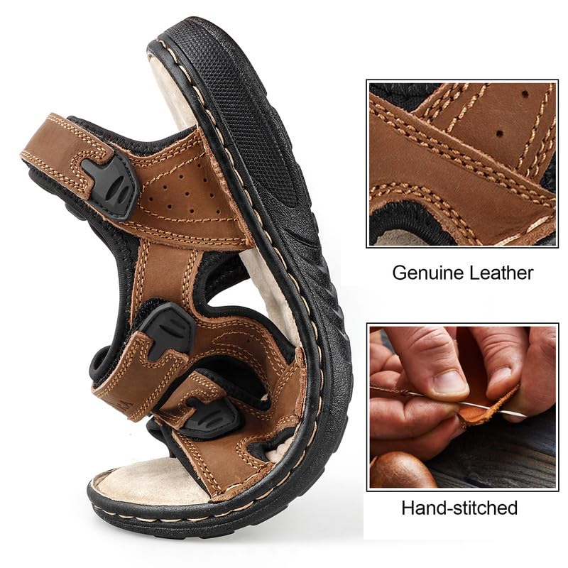 TIESTRA Sandalen Herren Leder Outdoor Sport Wandersandalen mit Fußbett Sommer Trekkingsandalen Strand Ledersandalen Männer Klettverschluss