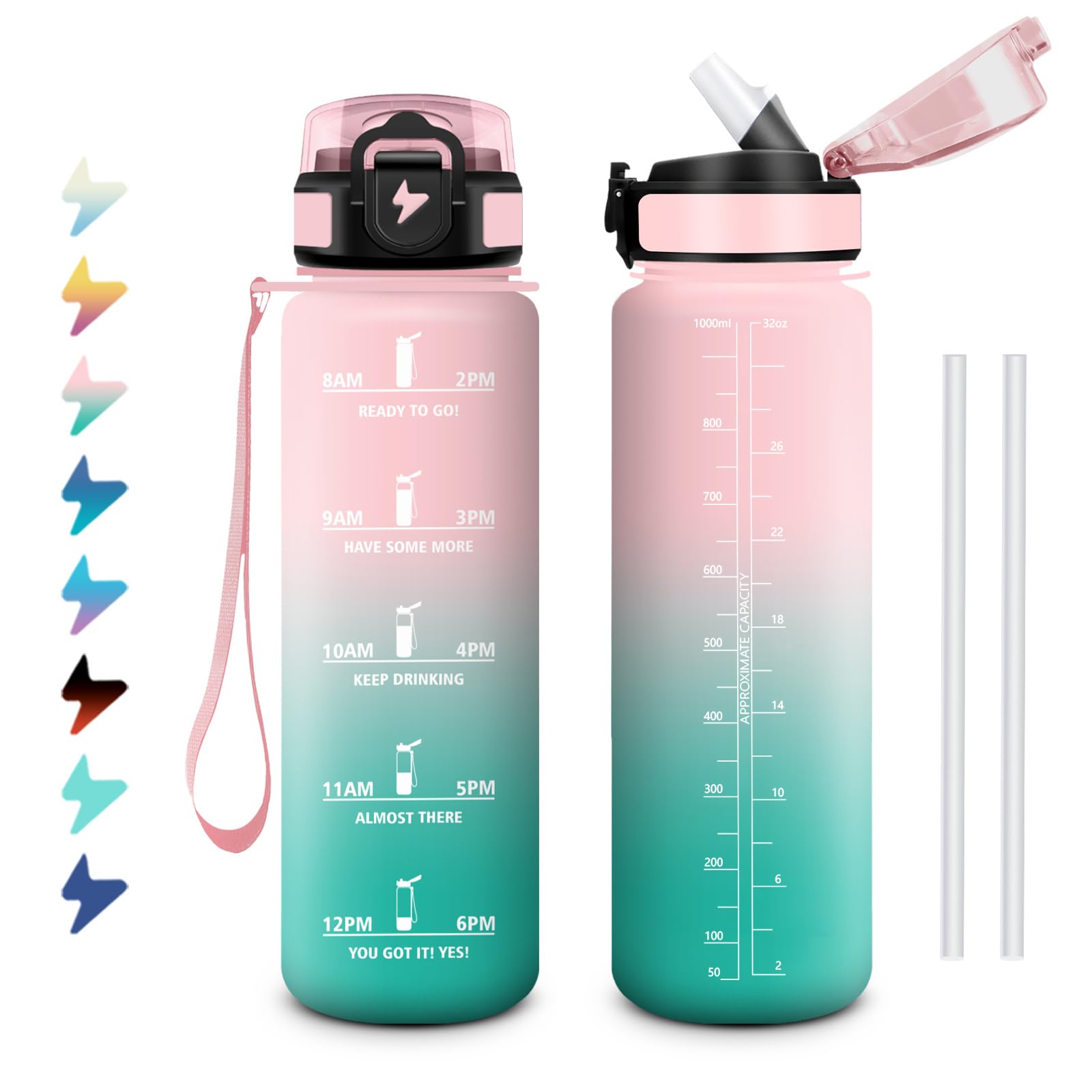 1L Gym Water Bottle with Time Marker, Motivational Water Bottle with Straw Reusable Leak-Proof Easy Clean School Camping Bottle