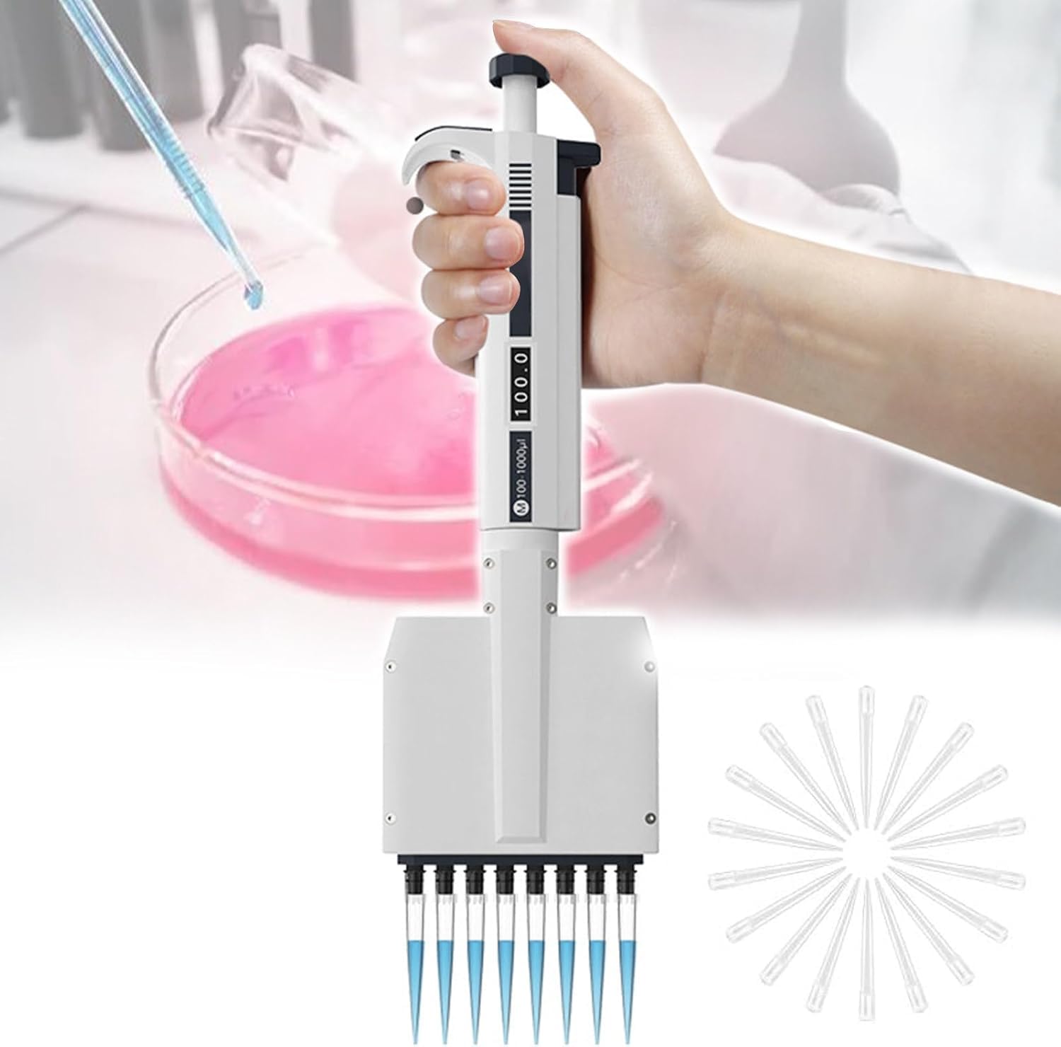 Micropipeta multicanal, pipeta de muestreo ajustable de 0,5 a 300 μl con cabezal giratorio de 360° y pantalla de volumen digital, 8 canales para uso de laboratorio de precisión