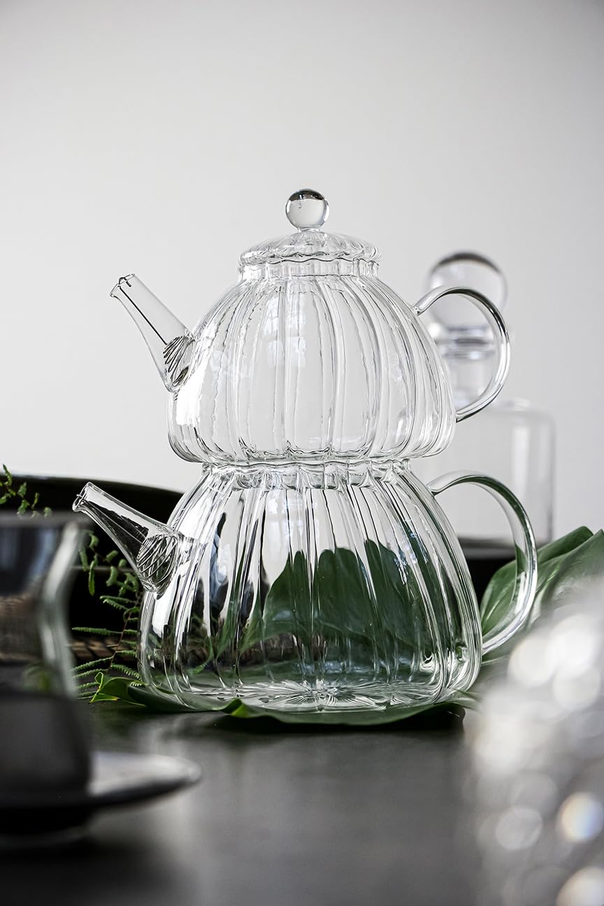 Teekanne Set - Transparentes Glas mit integriertem Filter, Cam Caydanlik, 800ml Oberkanne & 1000ml Unterkannen Kapazität, Leicht zu reinigen und Spülmaschinenfest