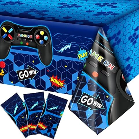 Tatuo 3 PCS Video Game Table Cover Video Game Birthday Decoration Game Theme Plastic Table Cloth Party Supplies for Boys Girls Kids Player Geek Party Decorations, 54 x 108 Inch (Classic Blue) Cover