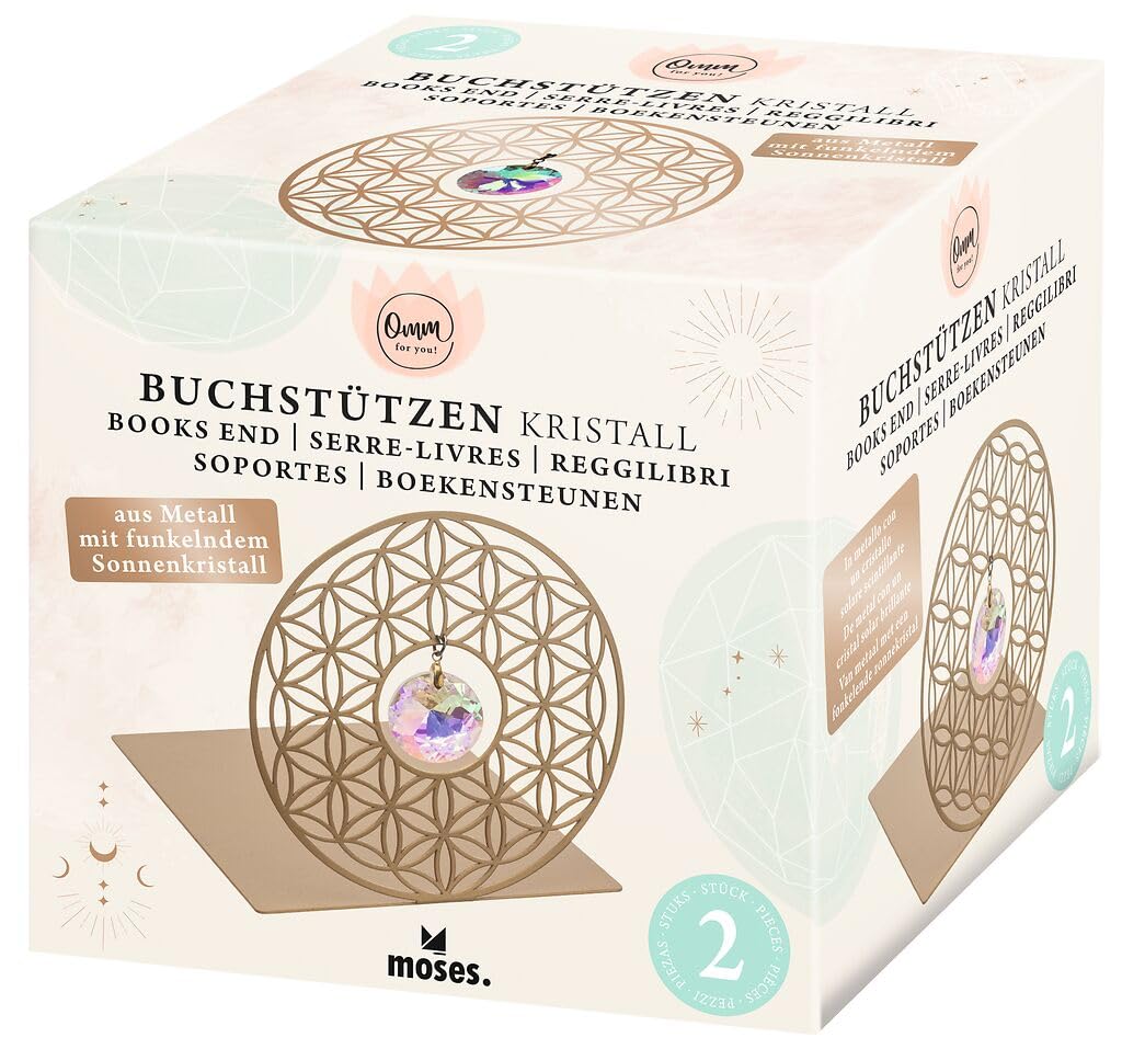 Moses. Omm for You Buchstützen Kristall – dekoratives Buchständer Set aus Metall, mit Sonnenkristall und Blume des Lebens, Yoga-Deko im 2er Set, Gold