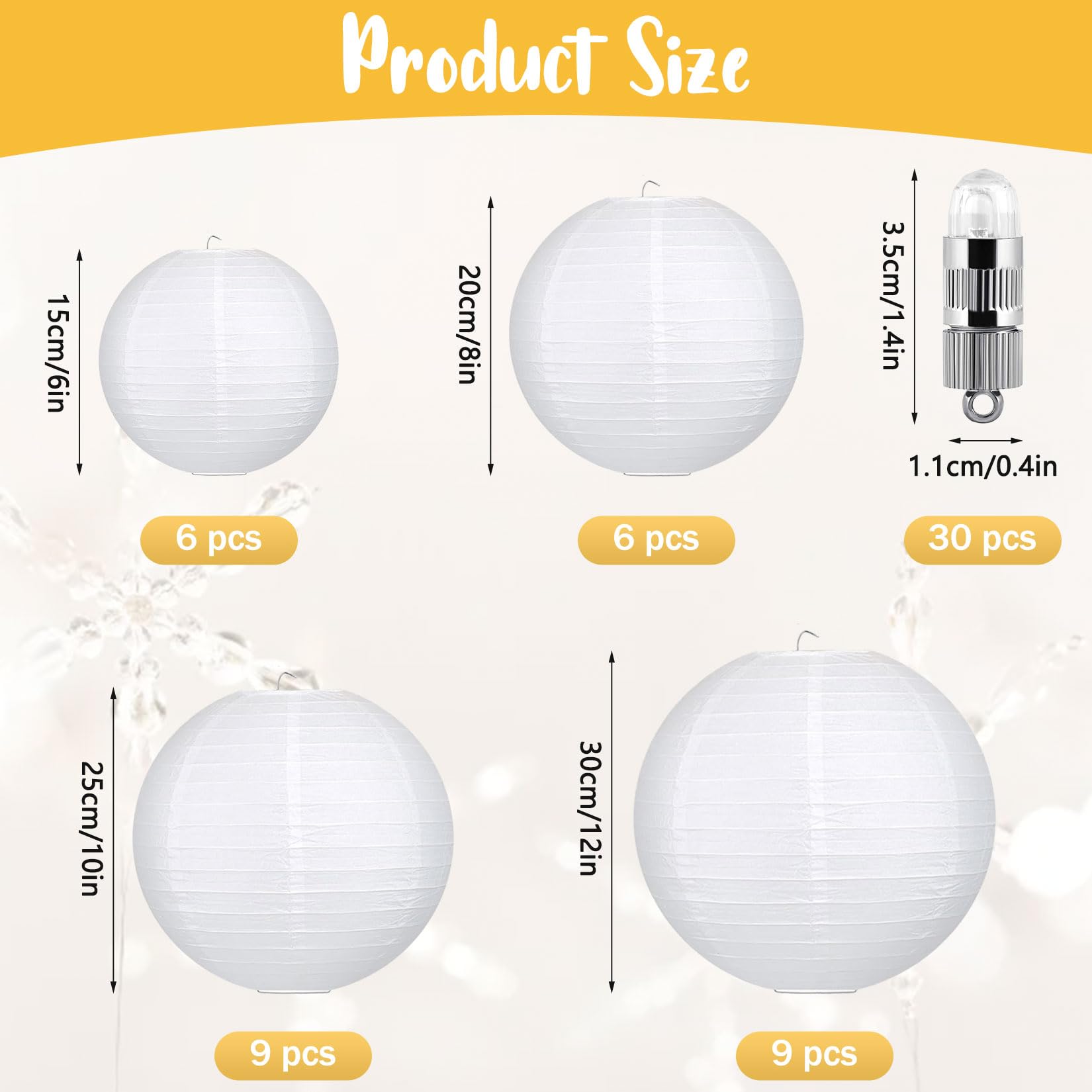 30er-Set Papierlampions Weiß mit LED Lichter, Runde Papierlaternen Warmweiß mit Mini LEDs, Deko Lampenschirm zum Aufhängen für Hochzeit, Gartenparty, Geburtstag & Feier (Ø 15/20/25/30cm)