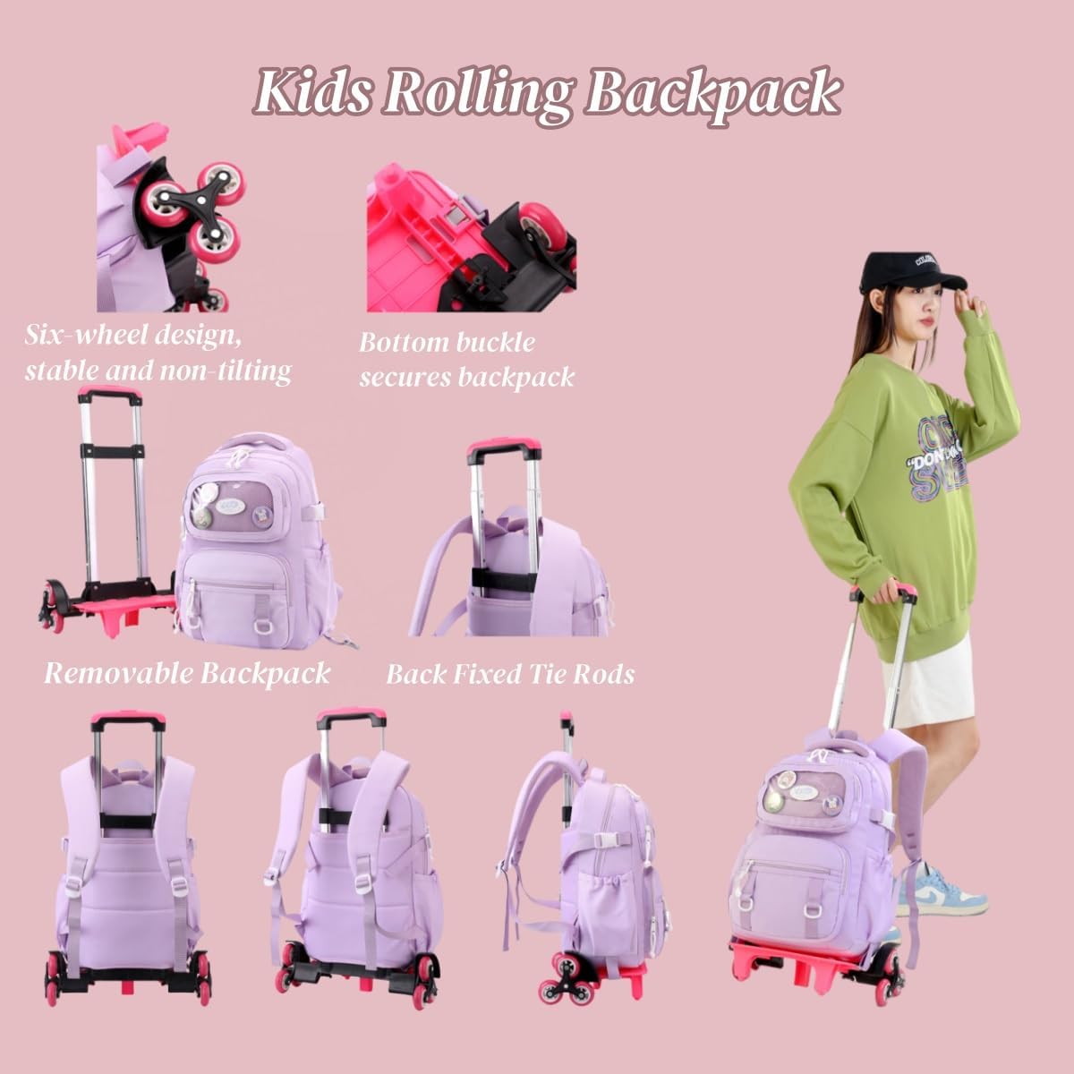 Rolling Backpacks for Girls Plain School Backpack Cute Girls Backpack with Wheels - Image 2