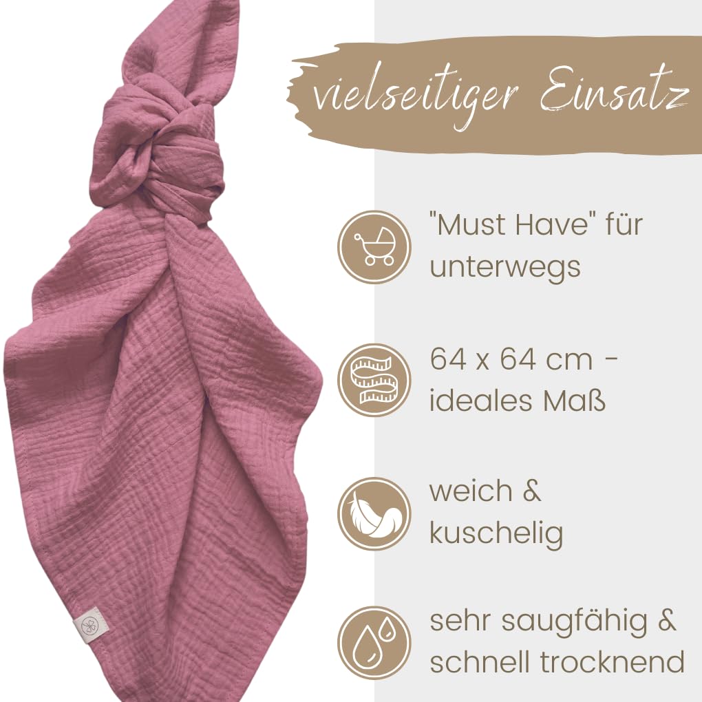 DIKOS® Baby Mulltücher 3er Premium Set – 64x64cm – weiche & saugstarke Spucktücher aus Bio-Baumwolle (GOTS, Oeko-TEX) – Musselintücher in Creme, Altrosa & Beere – Geschenk für Baby Mädchen zur Geburt