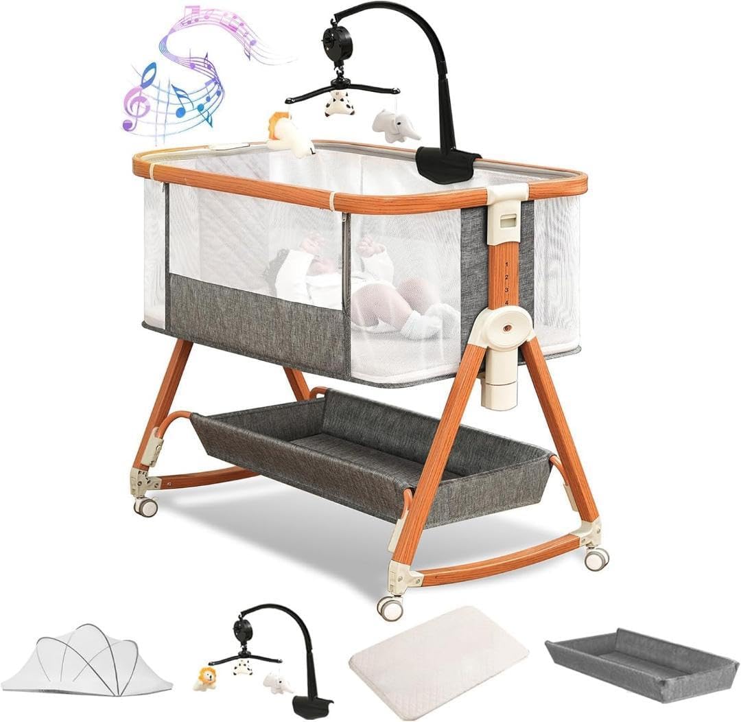 組み立て簡単ベビーベッド 添い寝ベッド 木色 乳児用ベッド 高さ6段調整